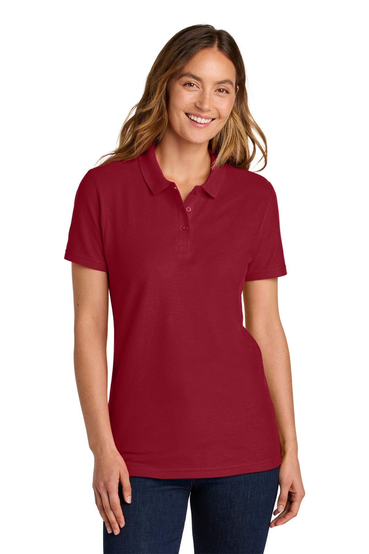 Custom Cherry Red Softstyle Women's Pique Polo 64800L, personalized by SanCanDo Swag in Argyle, TX
