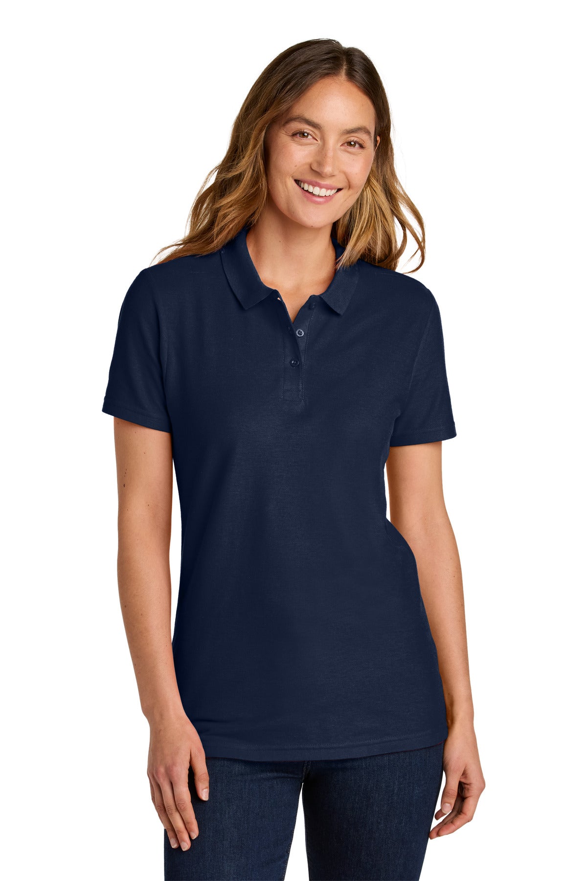 Custom Navy Softstyle Women's Pique Polo 64800L, personalized by SanCanDo Swag in Argyle, TX