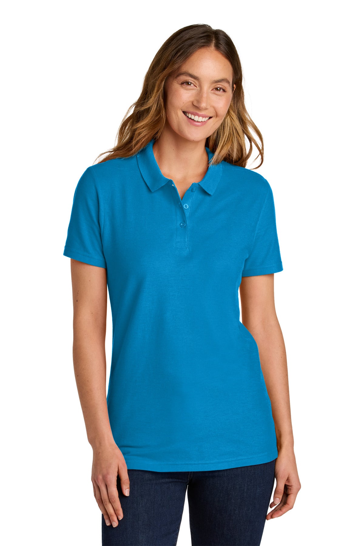Custom Sapphire Softstyle Women's Pique Polo 64800L, personalized by SanCanDo Swag in Argyle, TX