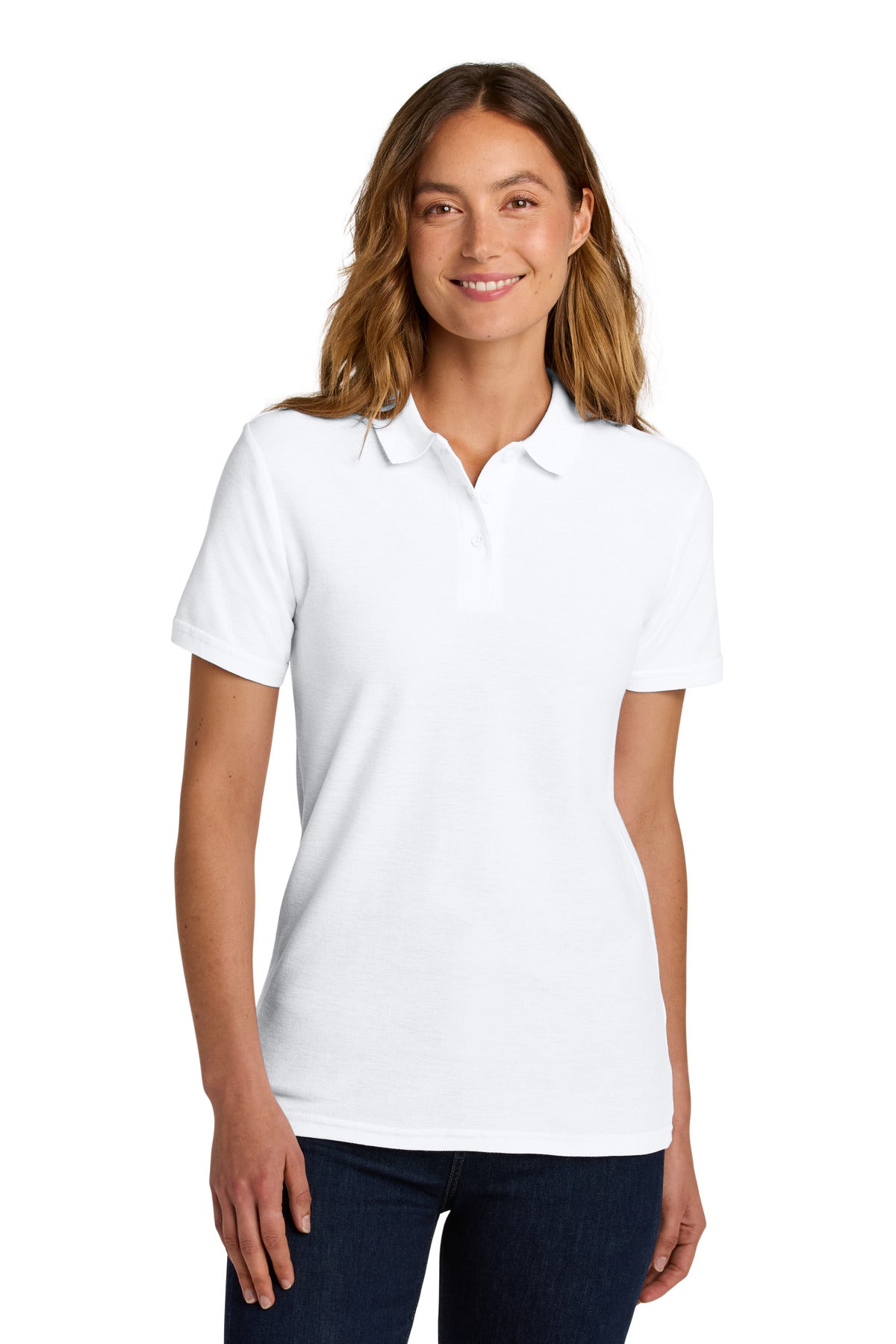 Custom White Softstyle Women's Pique Polo 64800L, personalized by SanCanDo Swag in Argyle, TX