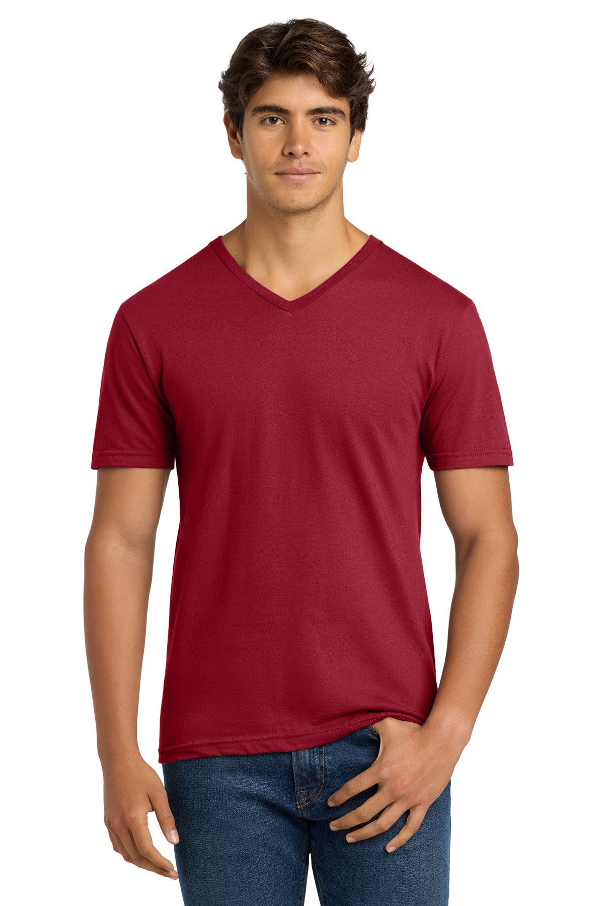 Custom Cherry Red Softstyle V-Neck Tee 64V00, personalized by SanCanDo Swag in Argyle, TX