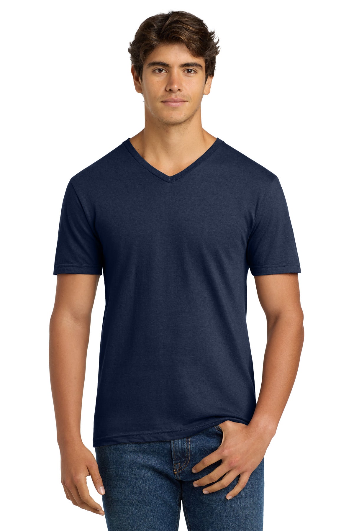 Custom Navy Softstyle V-Neck Tee 64V00, personalized by SanCanDo Swag in Argyle, TX