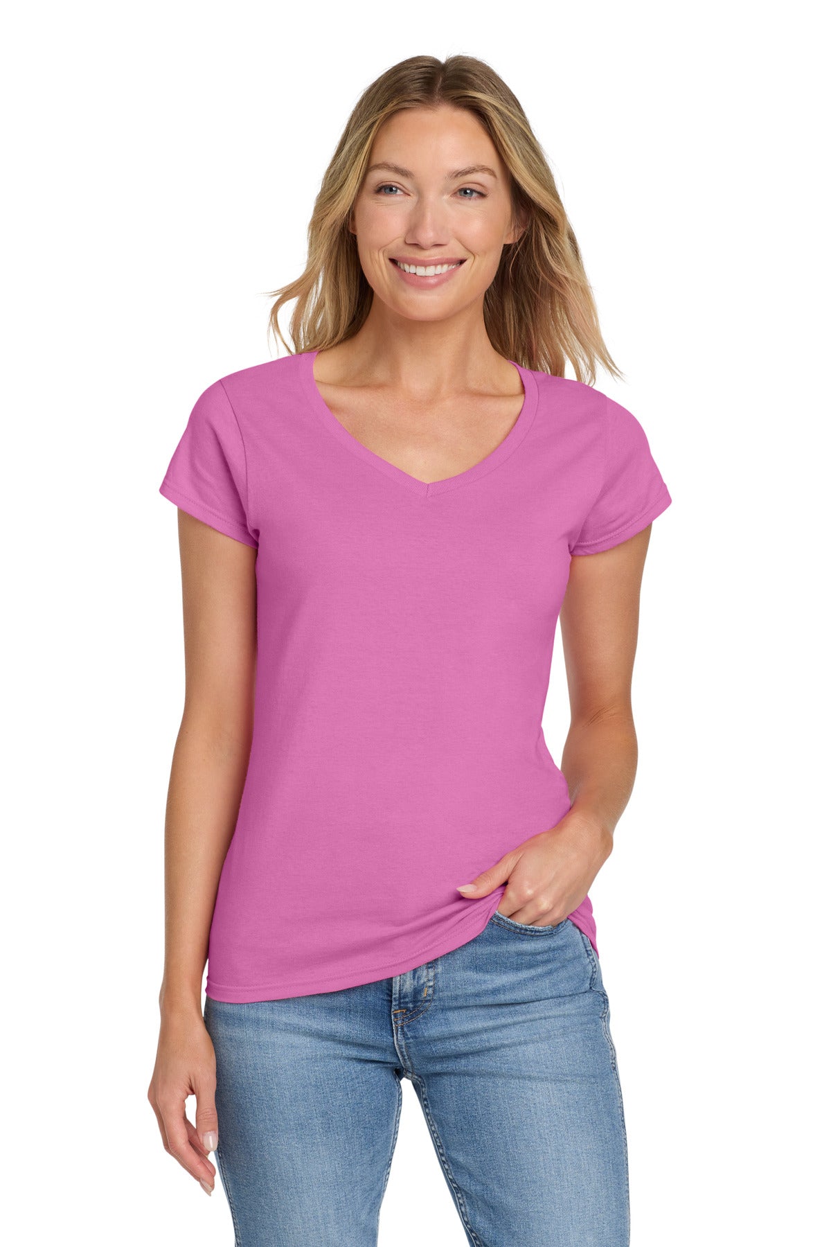 Custom Azalea Softstyle Women's Fit V-Neck Tee 64V00L, personalized by SanCanDo Swag in Argyle, TX