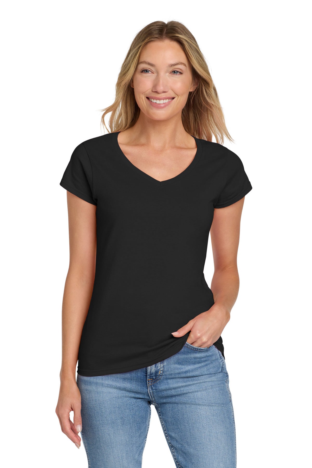 Custom Black Softstyle Women's Fit V-Neck Tee 64V00L, personalized by SanCanDo Swag in Argyle, TX