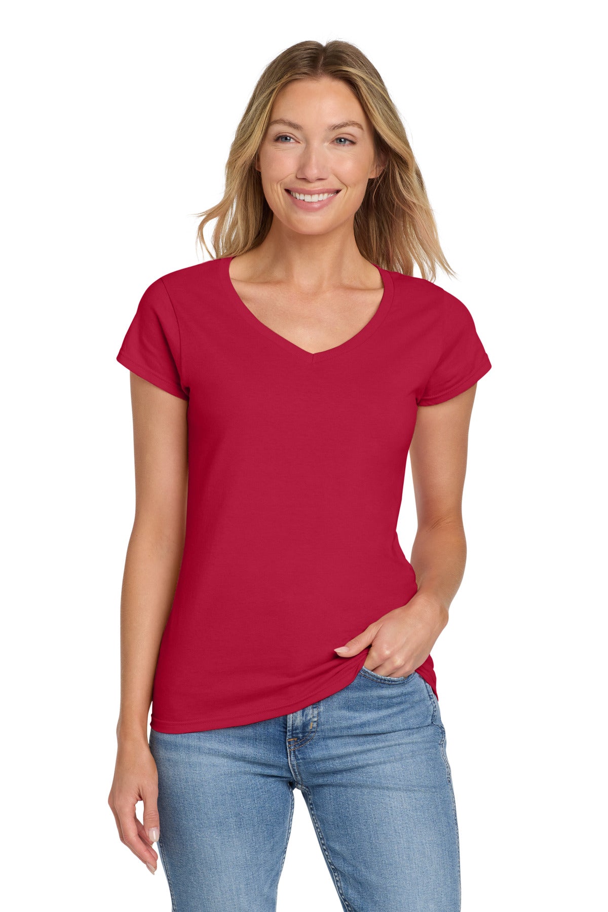 Custom Cherry Red Softstyle Women's Fit V-Neck Tee 64V00L, personalized by SanCanDo Swag in Argyle, TX