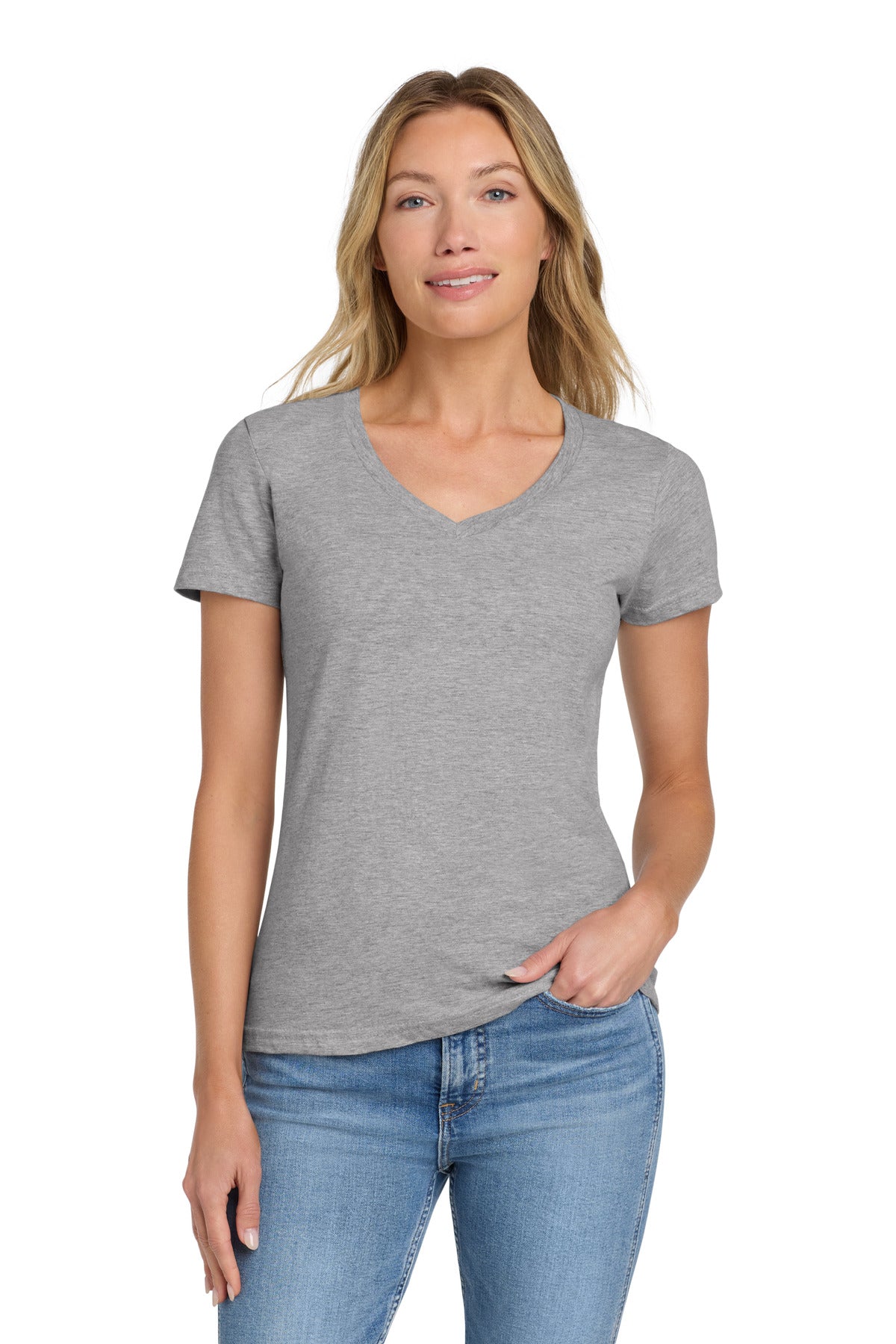 Custom Sport Grey Softstyle Women's Fit V-Neck Tee 64V00L, personalized by SanCanDo Swag in Argyle, TX