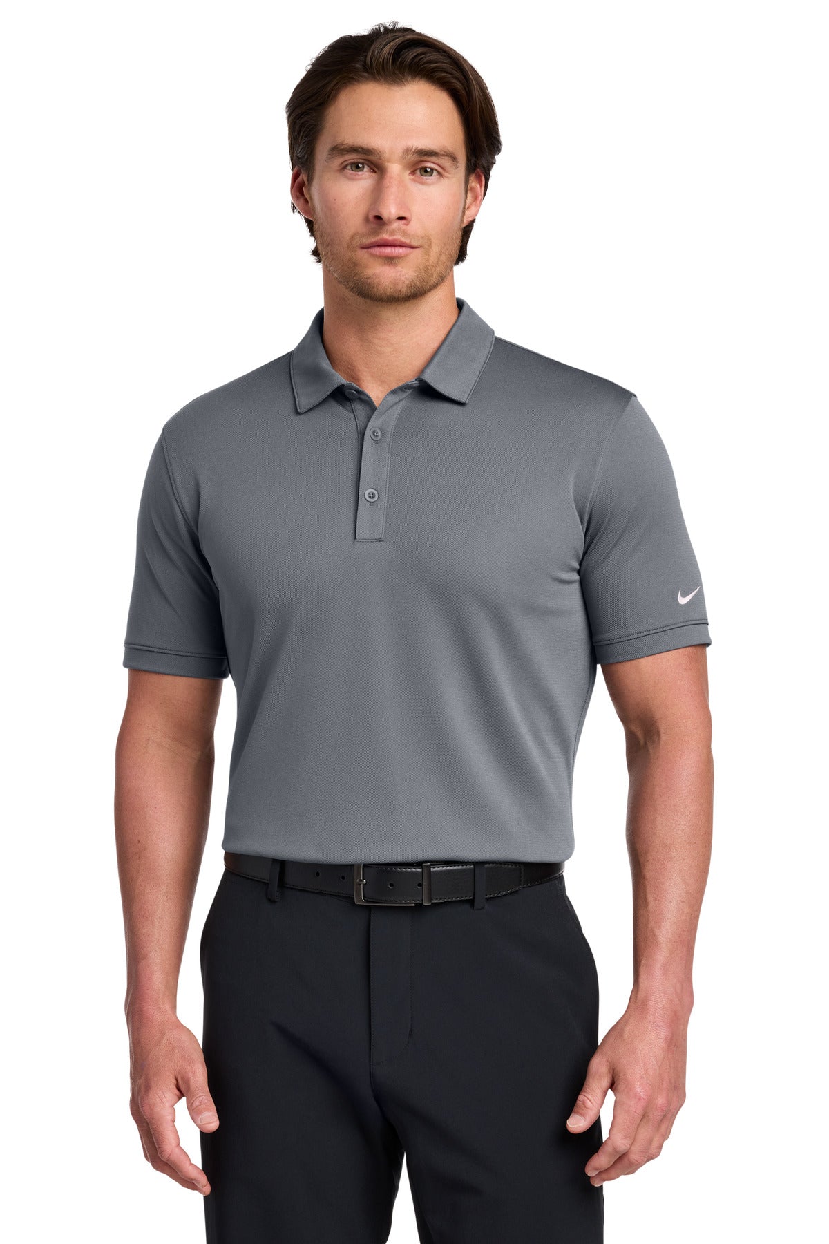 Custom Dark Grey Dri-FIT Solid Icon Pique Modern Fit Polo 746099, personalized by SanCanDo Swag in Argyle, TX