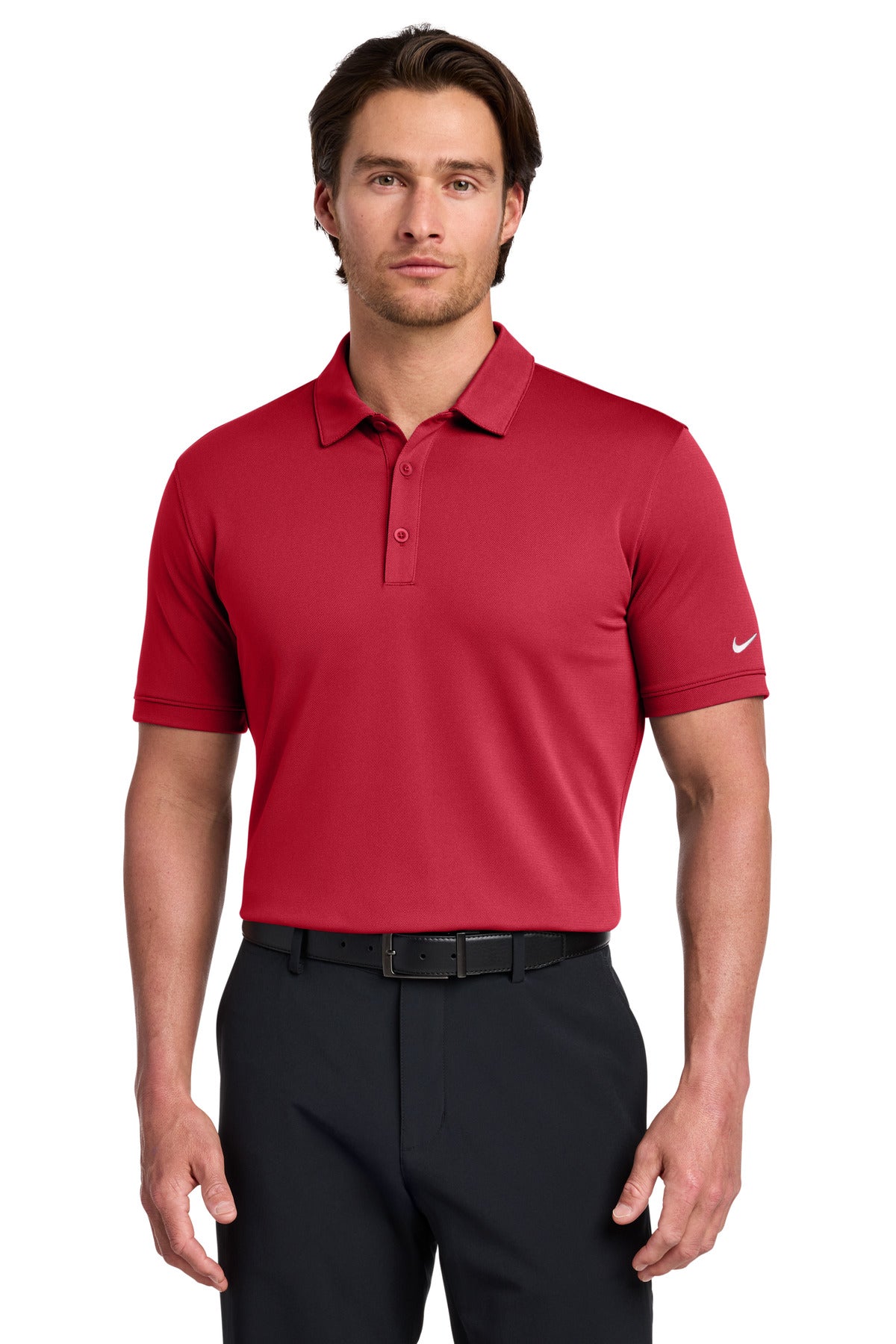 Custom Gym Red Dri-FIT Solid Icon Pique Modern Fit Polo 746099, personalized by SanCanDo Swag in Argyle, TX