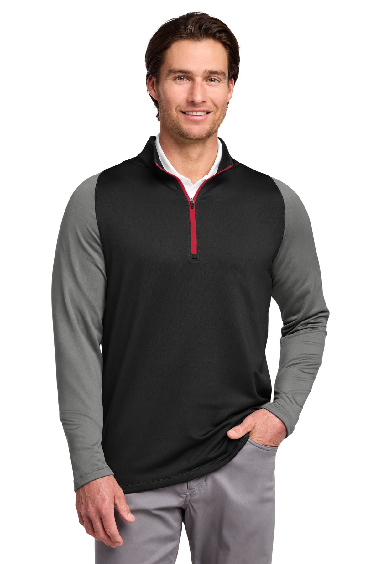 Custom Black/ Dark Grey/ Gym Red Dri-FIT Stretch 1/2-Zip Cover-Up 779795, personalized by SanCanDo Swag in Argyle, TX