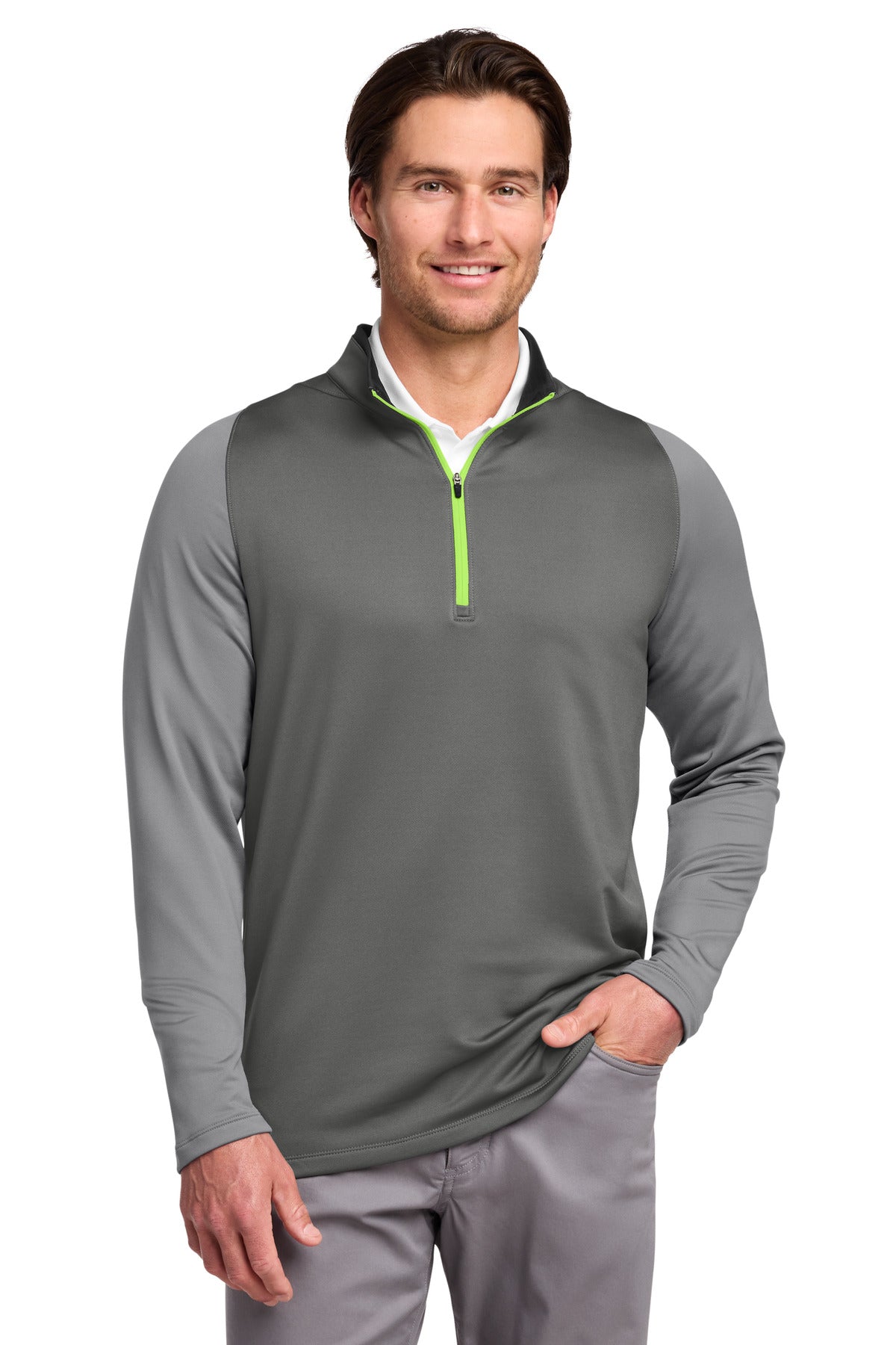 Custom Dark Grey/ Cool Grey/ Volt Dri-FIT Stretch 1/2-Zip Cover-Up 779795, personalized by SanCanDo Swag in Argyle, TX