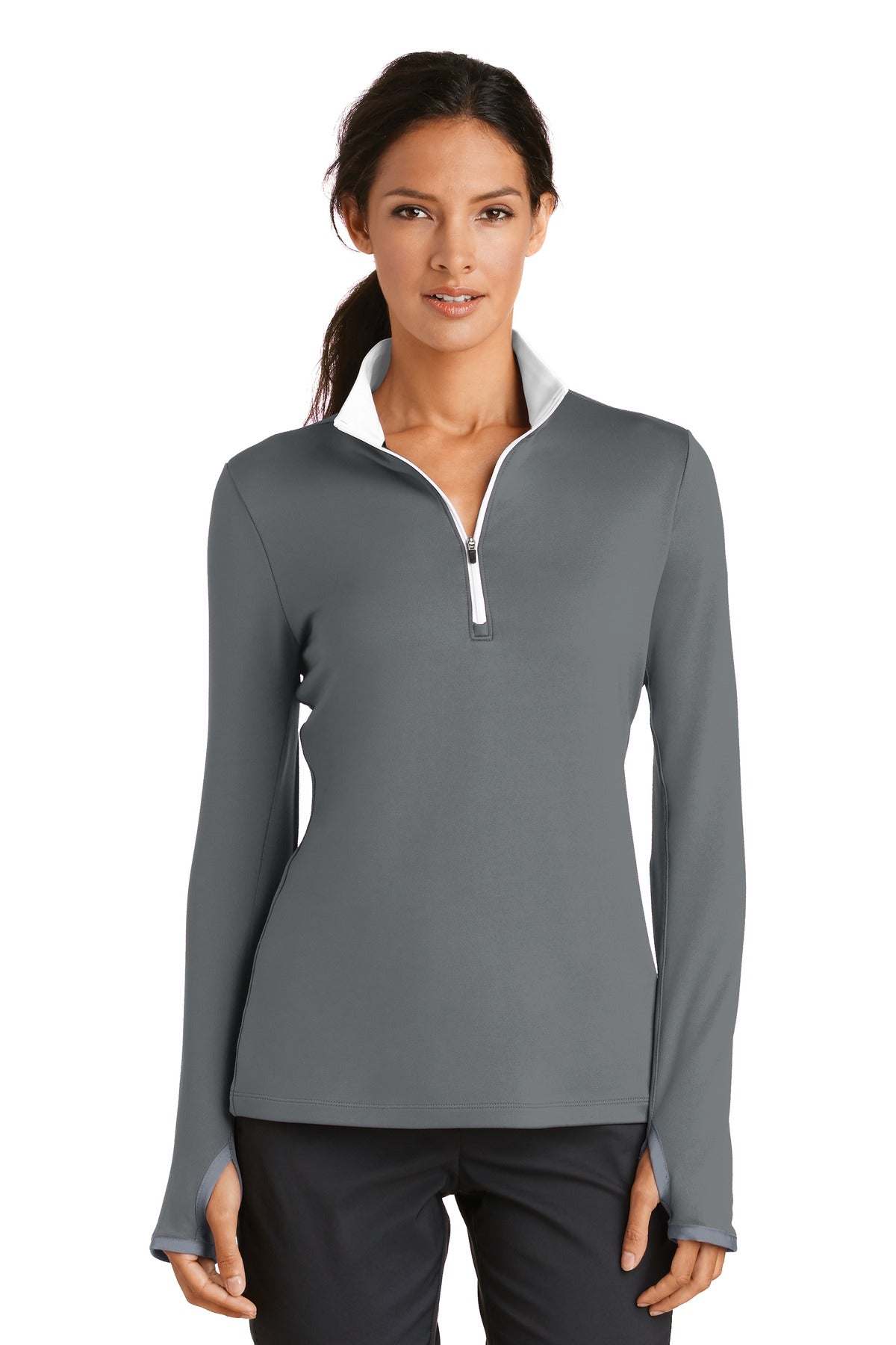 Custom Dark Grey/ White Women's Dri-FIT Stretch 1/2-Zip Cover-Up 779796, personalized by SanCanDo Swag in Argyle, TX