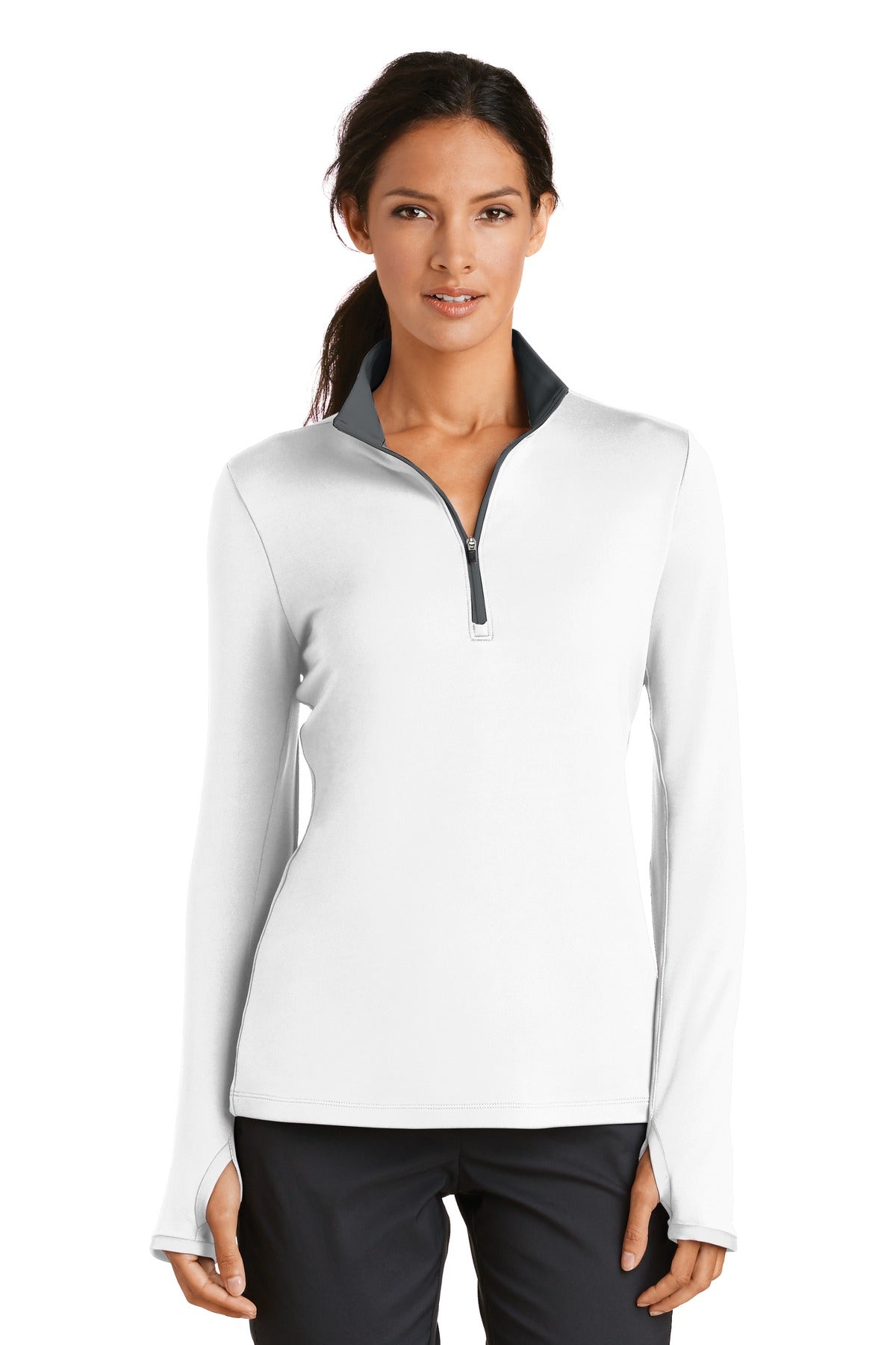 Custom White/ Dark Grey Women's Dri-FIT Stretch 1/2-Zip Cover-Up 779796, personalized by SanCanDo Swag in Argyle, TX