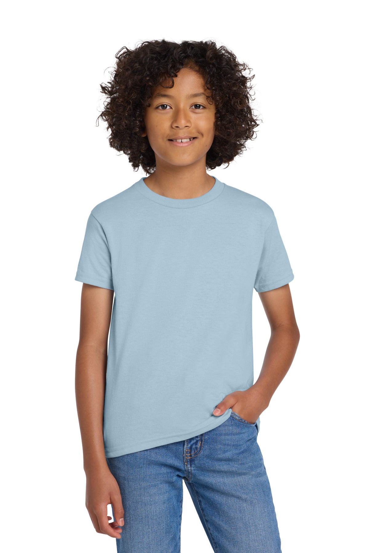 Custom Light Blue Youth DryBlend 50 Cotton/50 Poly Tee 8000B, personalized by SanCanDo Swag in Argyle, TX