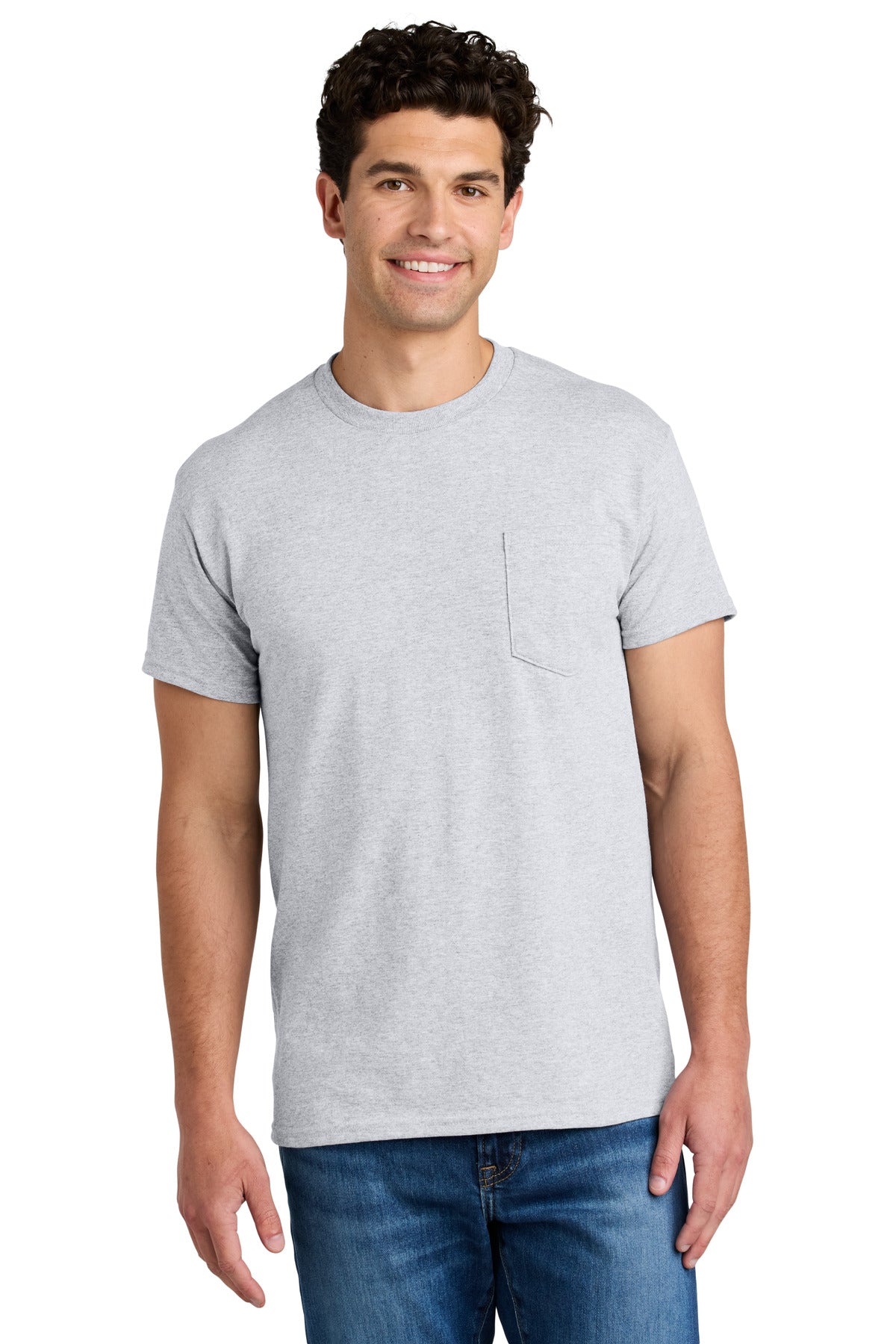 Custom Ash Grey DryBlend 50 Cotton/50 Poly Pocket Tee 8300, personalized by SanCanDo Swag in Argyle, TX