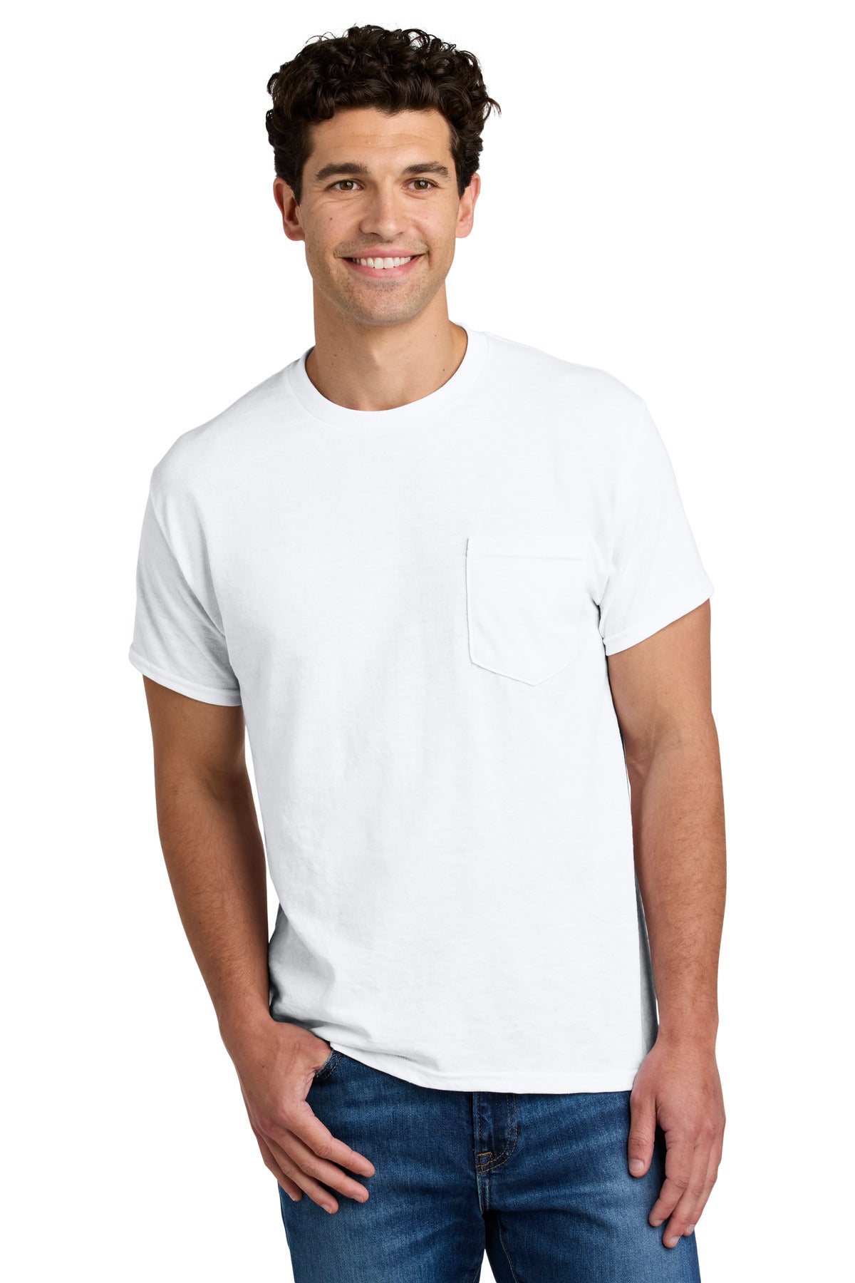 Custom White DryBlend 50 Cotton/50 Poly Pocket Tee 8300, personalized by SanCanDo Swag in Argyle, TX