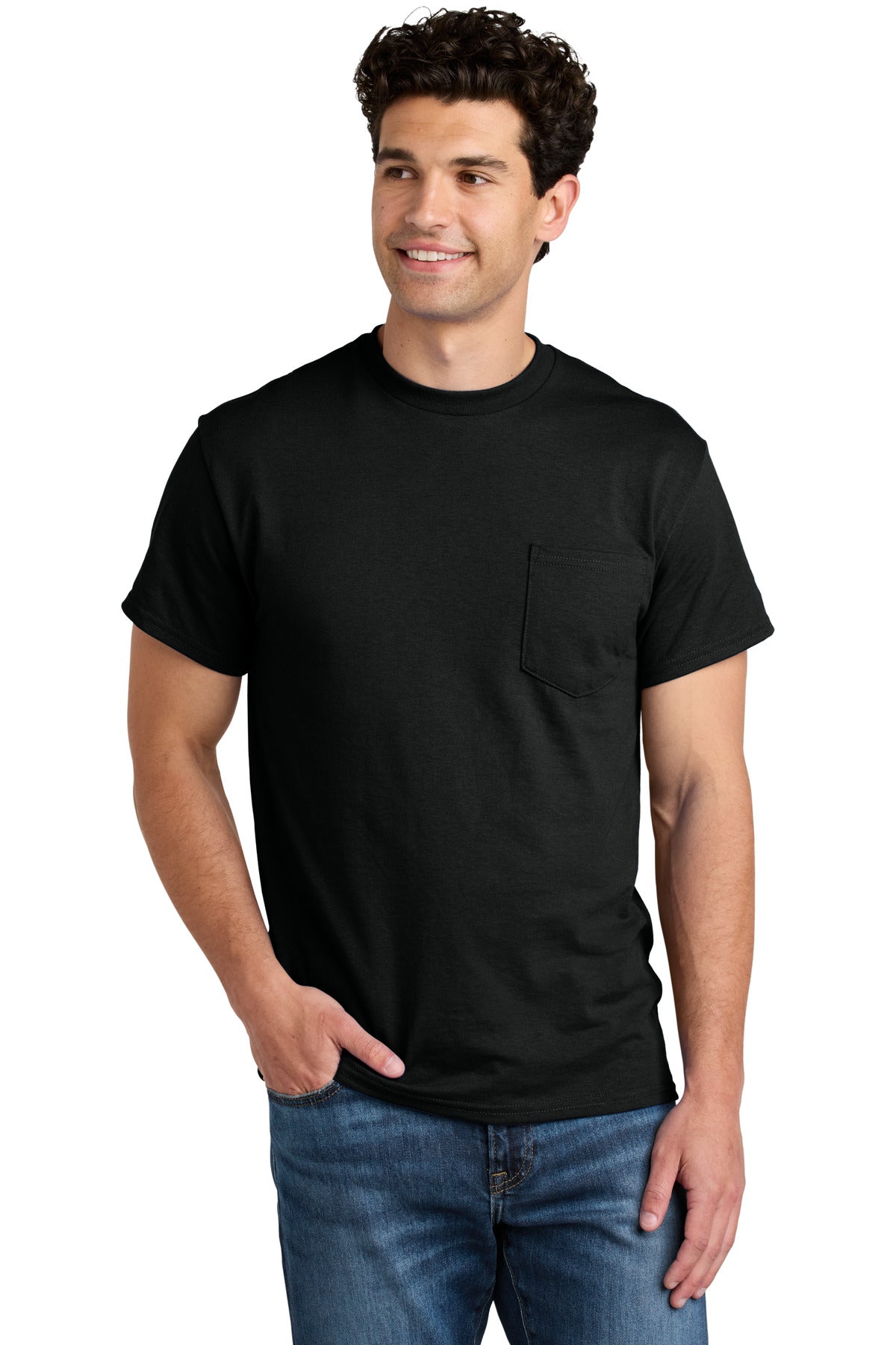 Custom Black DryBlend 50 Cotton/50 Poly Pocket Tee 8300, personalized by SanCanDo Swag in Argyle, TX