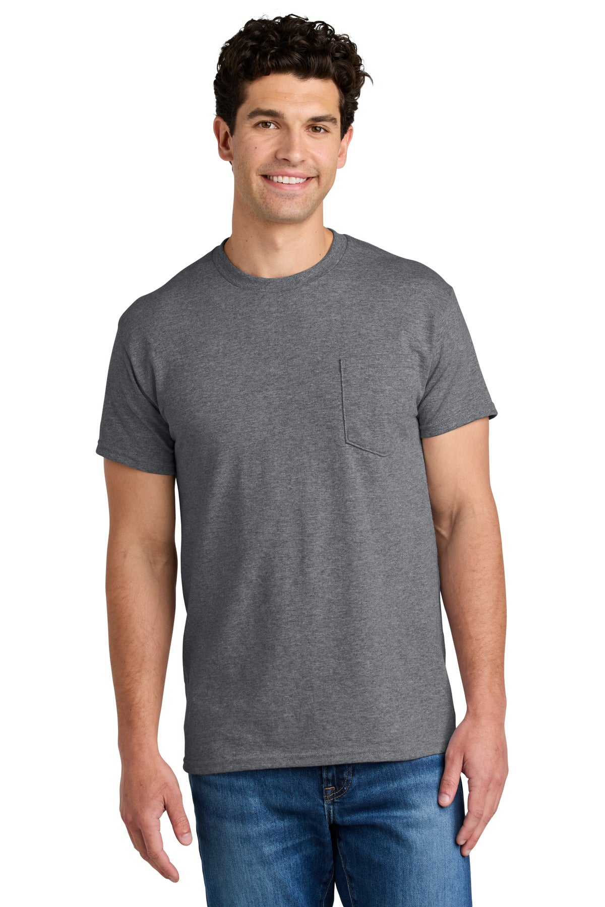 Custom Graphite Heather DryBlend 50 Cotton/50 Poly Pocket Tee 8300, personalized by SanCanDo Swag in Argyle, TX