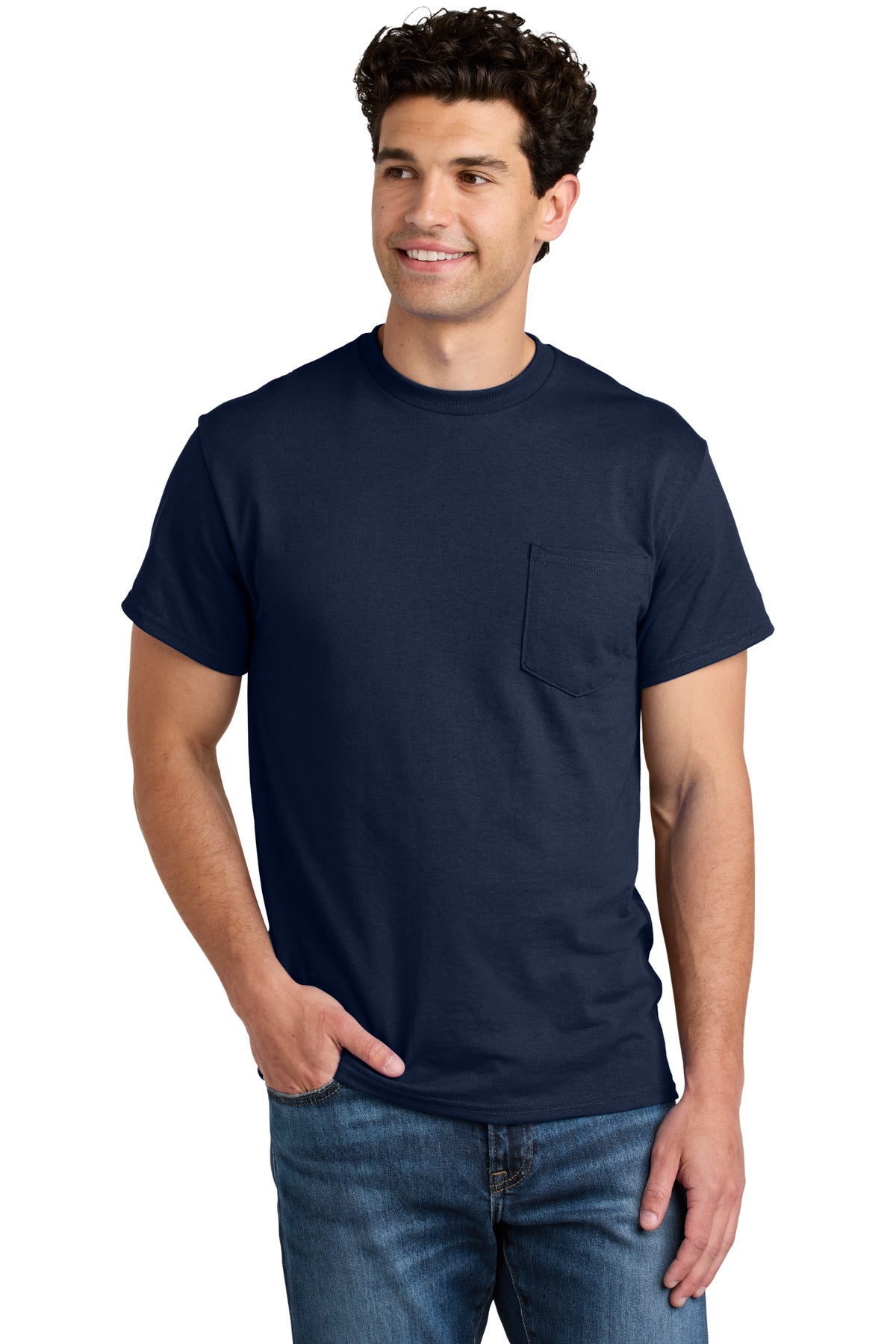 Custom Navy DryBlend 50 Cotton/50 Poly Pocket Tee 8300, personalized by SanCanDo Swag in Argyle, TX