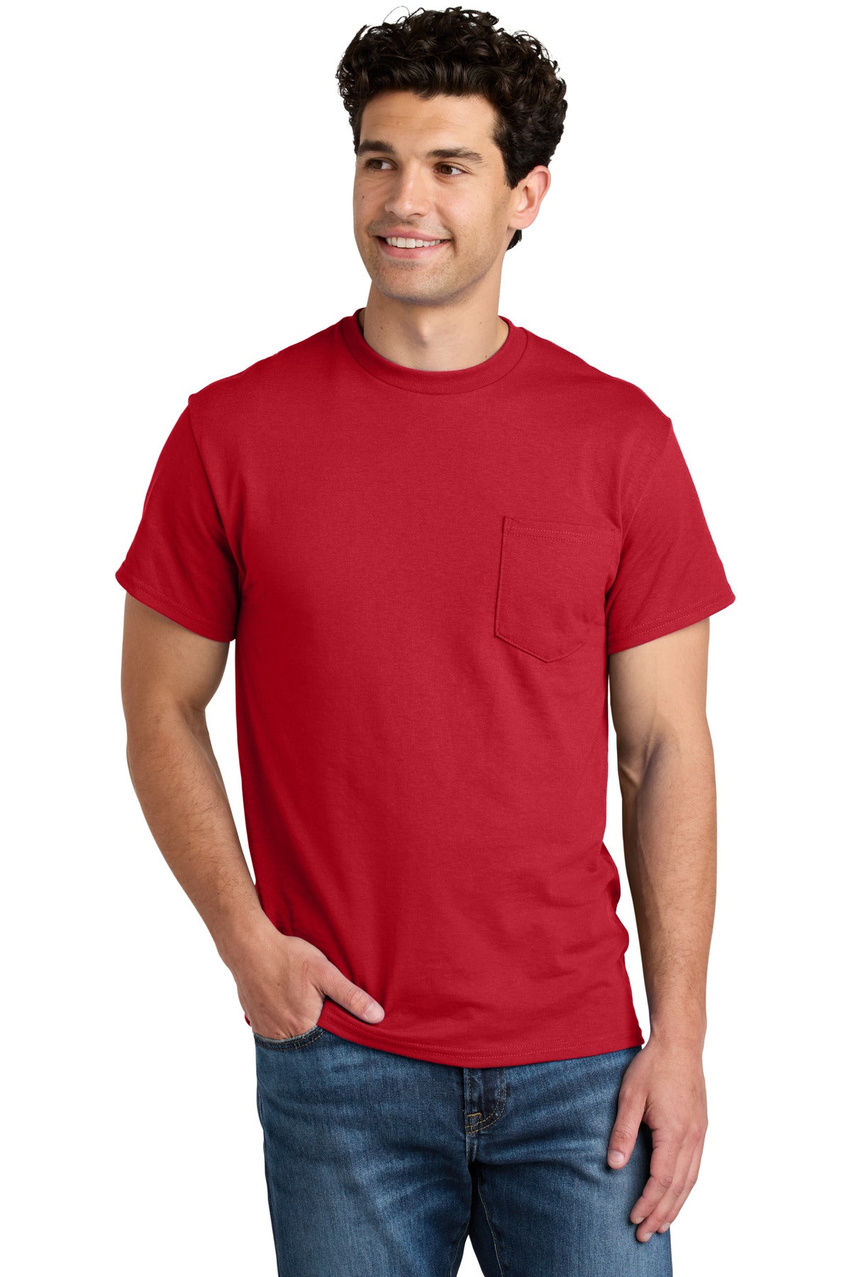 Custom Red DryBlend 50 Cotton/50 Poly Pocket Tee 8300, personalized by SanCanDo Swag in Argyle, TX