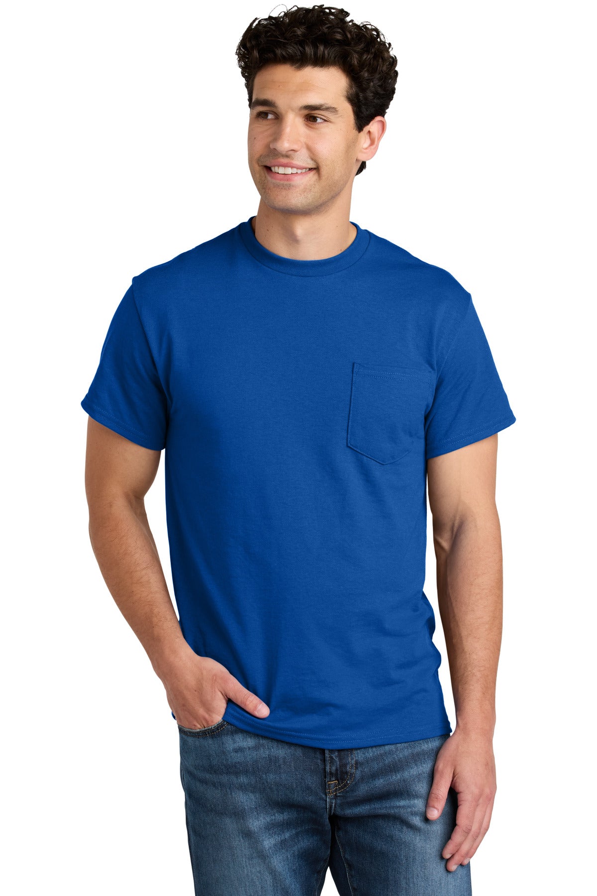 Custom Royal DryBlend 50 Cotton/50 Poly Pocket Tee 8300, personalized by SanCanDo Swag in Argyle, TX