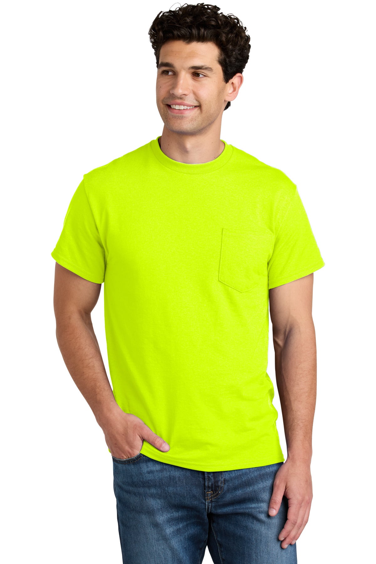 Custom Safety Green DryBlend 50 Cotton/50 Poly Pocket Tee 8300, personalized by SanCanDo Swag in Argyle, TX