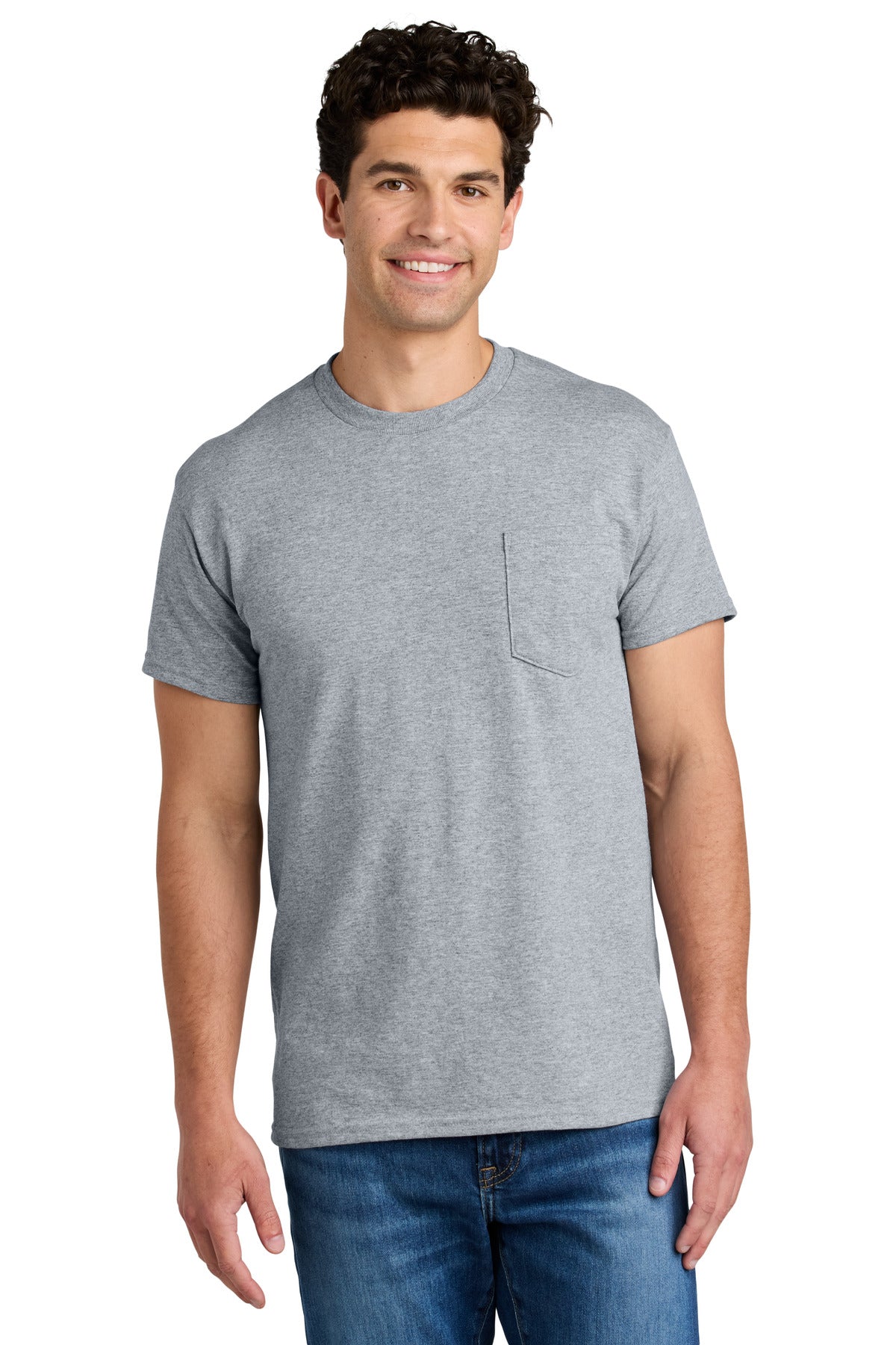 Custom Sport Grey DryBlend 50 Cotton/50 Poly Pocket Tee 8300, personalized by SanCanDo Swag in Argyle, TX
