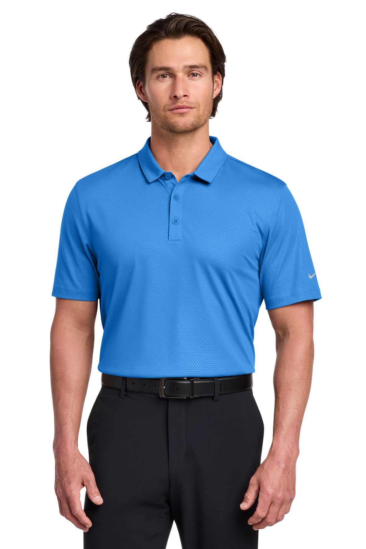 Custom Brisk Blue Dri-FIT Embossed Tri-Blade Polo 838964, personalized by SanCanDo Swag in Argyle, TX