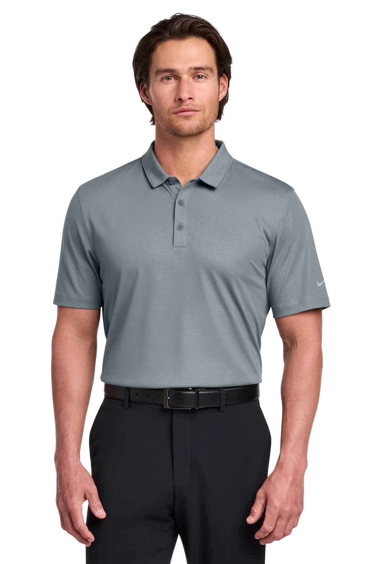 Custom Cool Grey Dri-FIT Embossed Tri-Blade Polo 838964, personalized by SanCanDo Swag in Argyle, TX