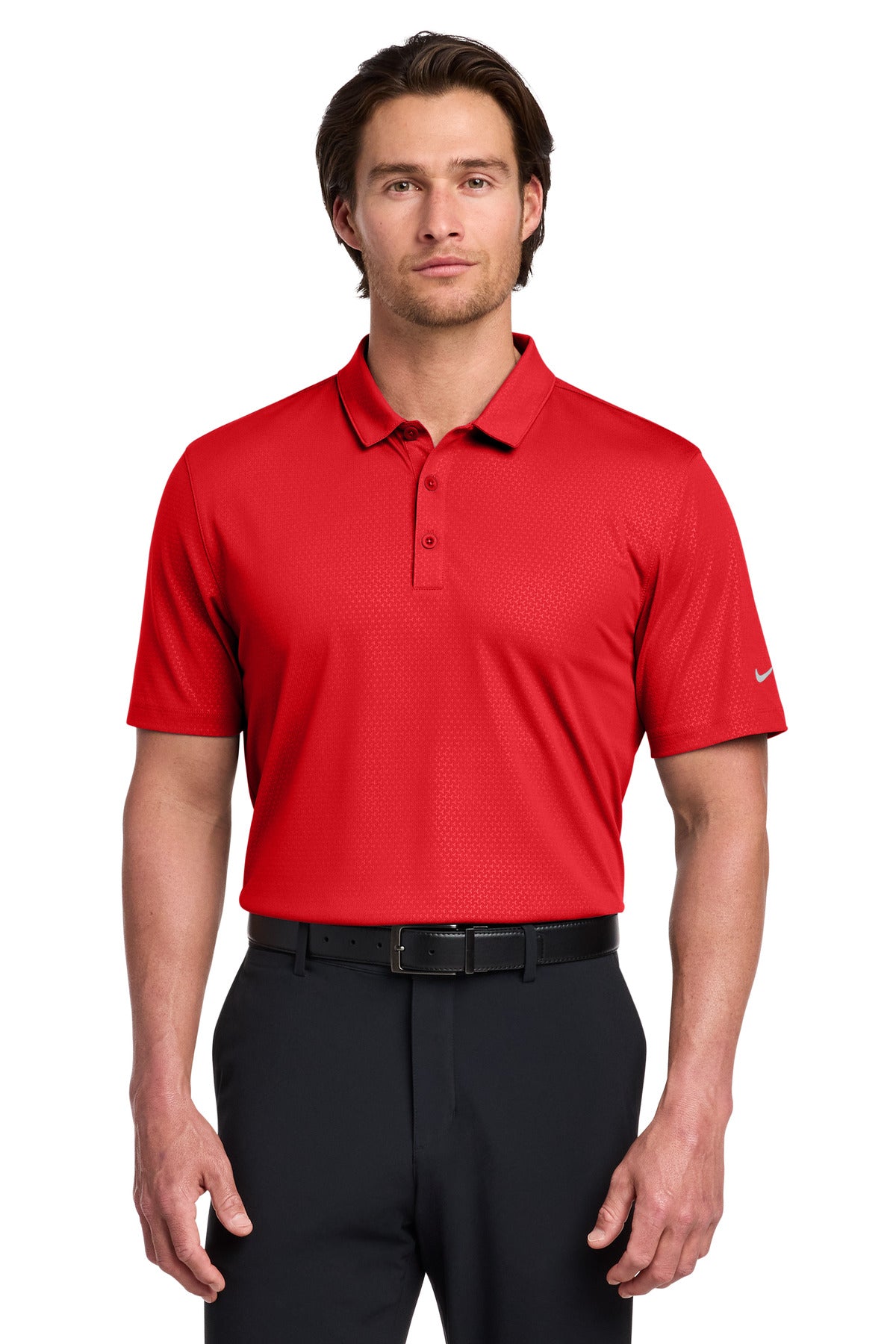 Custom University Red Dri-FIT Embossed Tri-Blade Polo 838964, personalized by SanCanDo Swag in Argyle, TX