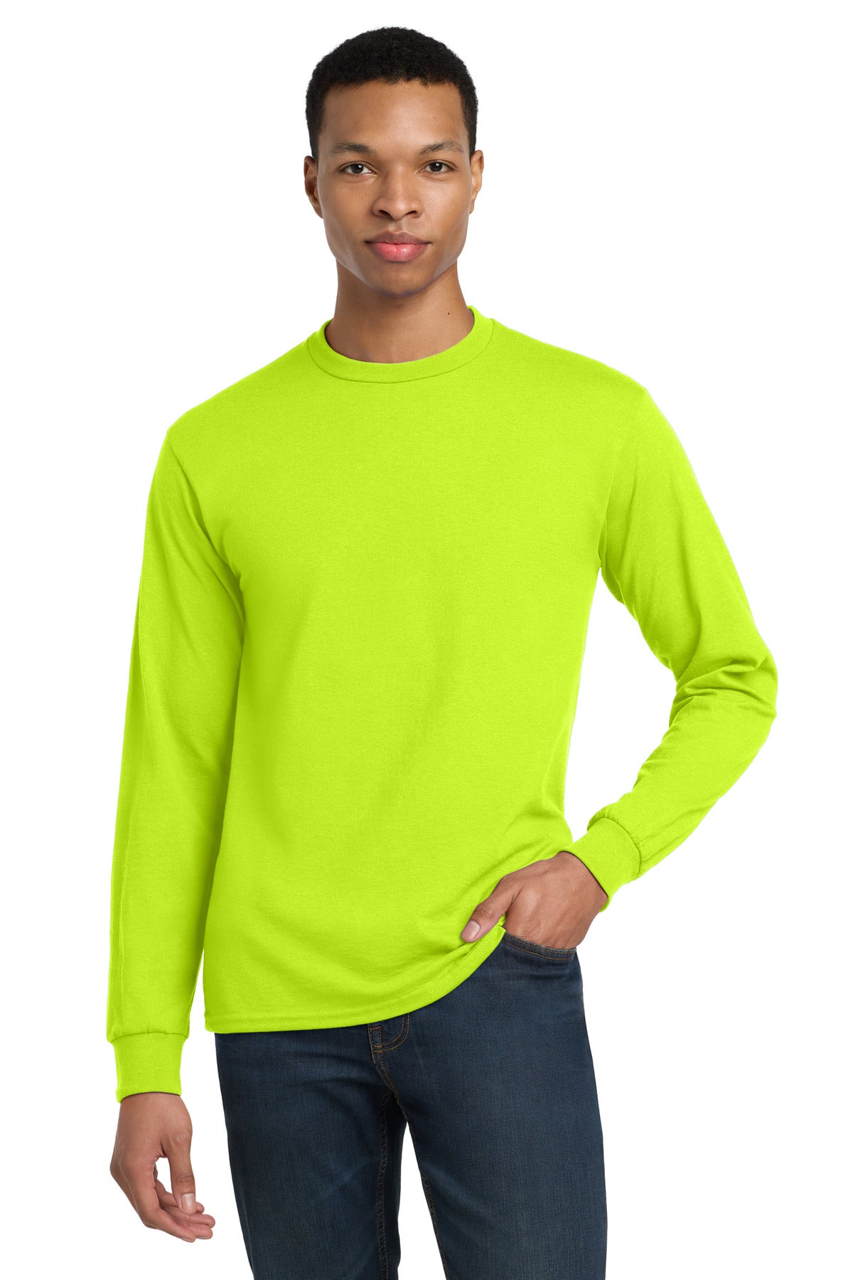 Custom Safety Green DryBlend 50 Cotton/50 Poly Long Sleeve Tee 8400, personalized by SanCanDo Swag in Argyle, TX