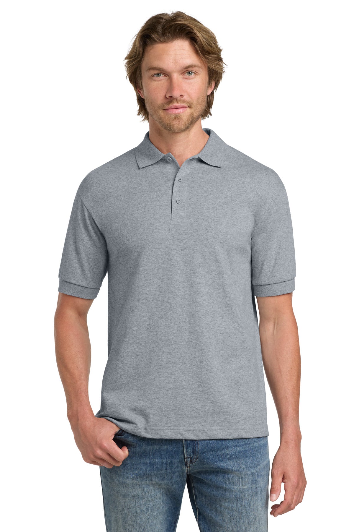 Custom Sport Grey DryBlend 6-Ounce Jersey Knit Sport Shirt 8800, personalized by SanCanDo Swag in Argyle, TX