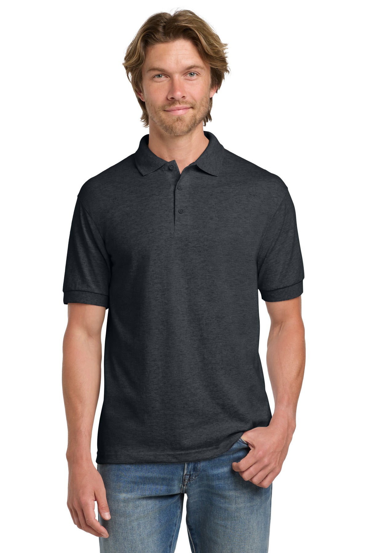 Custom Dark Heather DryBlend 6-Ounce Jersey Knit Sport Shirt 8800, personalized by SanCanDo Swag in Argyle, TX