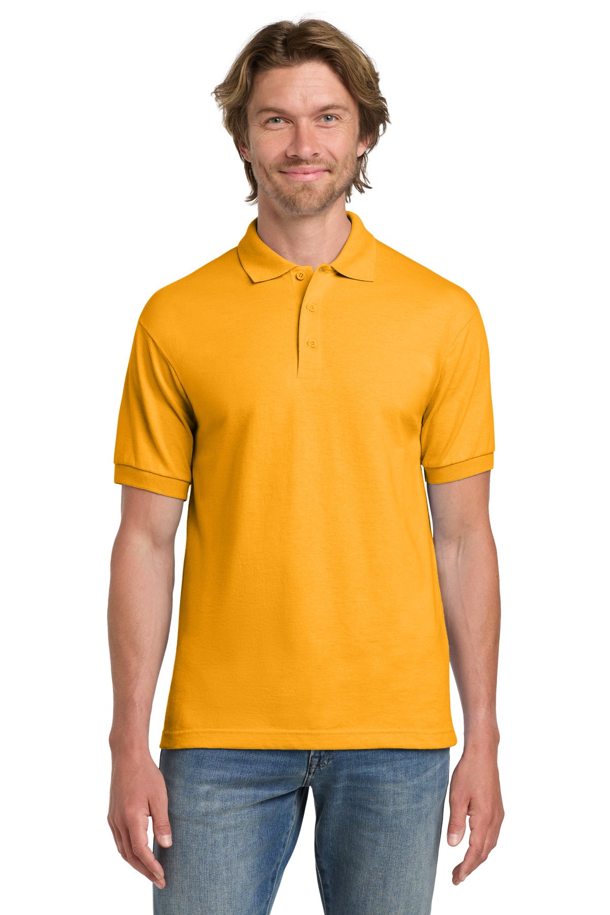 Custom Gold DryBlend 6-Ounce Jersey Knit Sport Shirt 8800, personalized by SanCanDo Swag in Argyle, TX