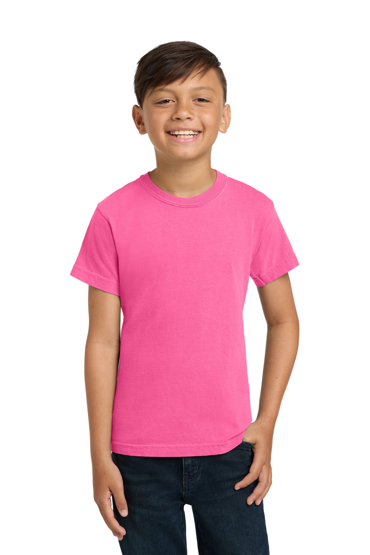 Custom Neon Pink Youth Heavyweight Tee 9018, personalized by SanCanDo Swag in Argyle, TX