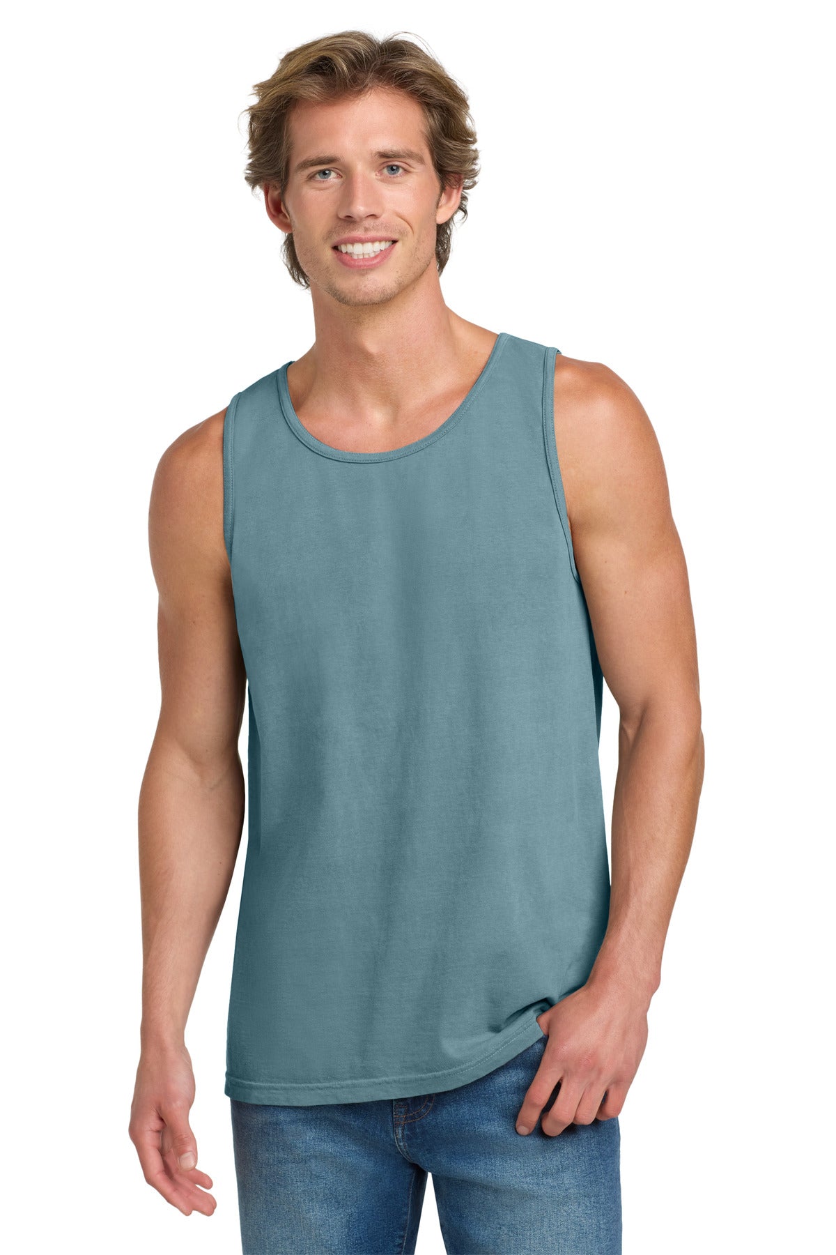 Custom Ice Blue Heavyweight Ring Spun Tank Top 9360, personalized by SanCanDo Swag in Argyle, TX