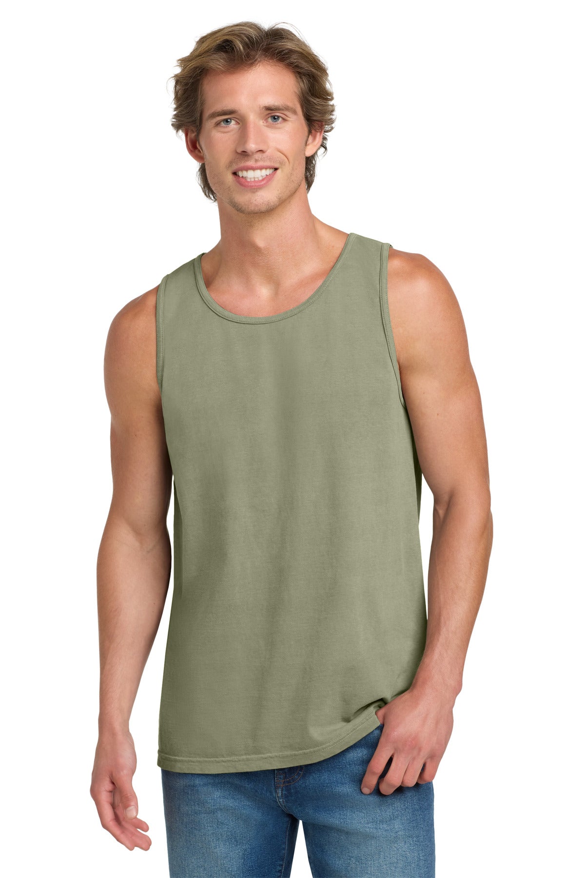 Custom Sandstone Heavyweight Ring Spun Tank Top 9360, personalized by SanCanDo Swag in Argyle, TX