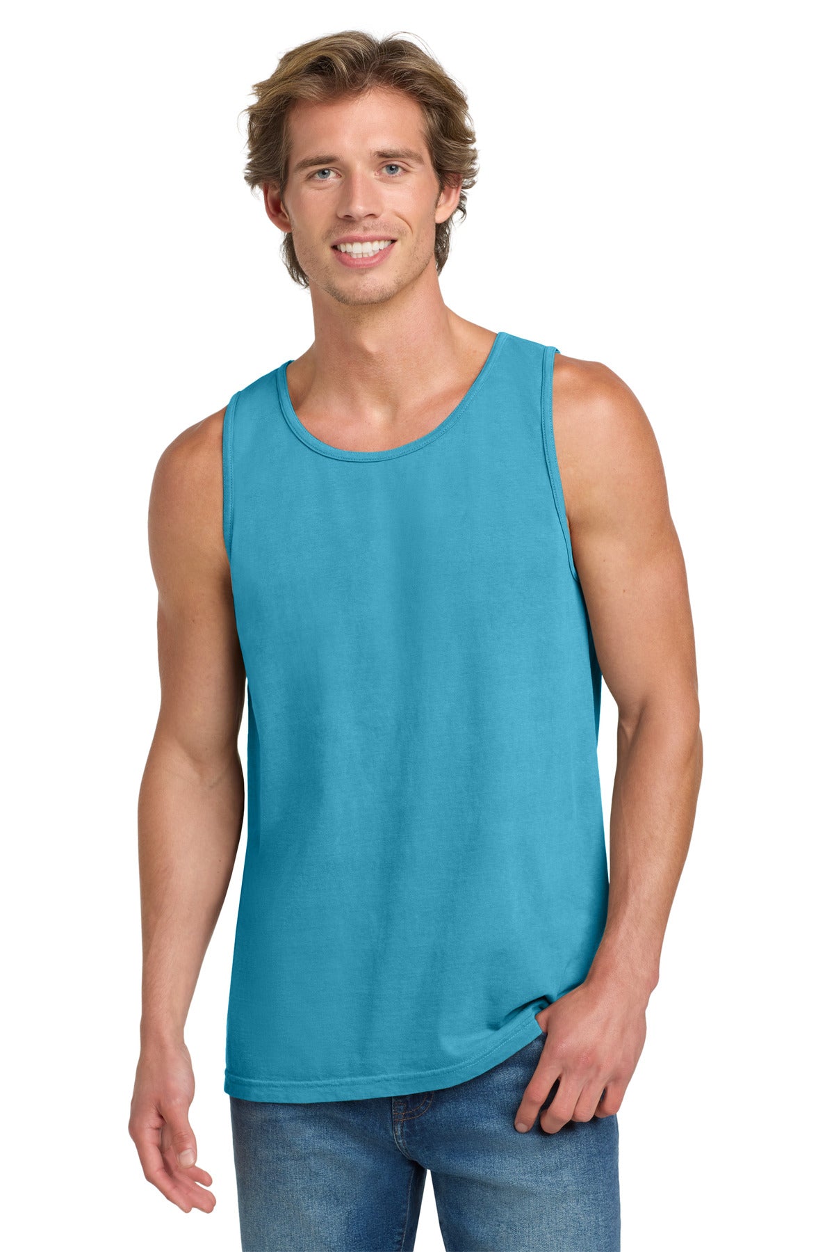 Custom Sapphire Heavyweight Ring Spun Tank Top 9360, personalized by SanCanDo Swag in Argyle, TX