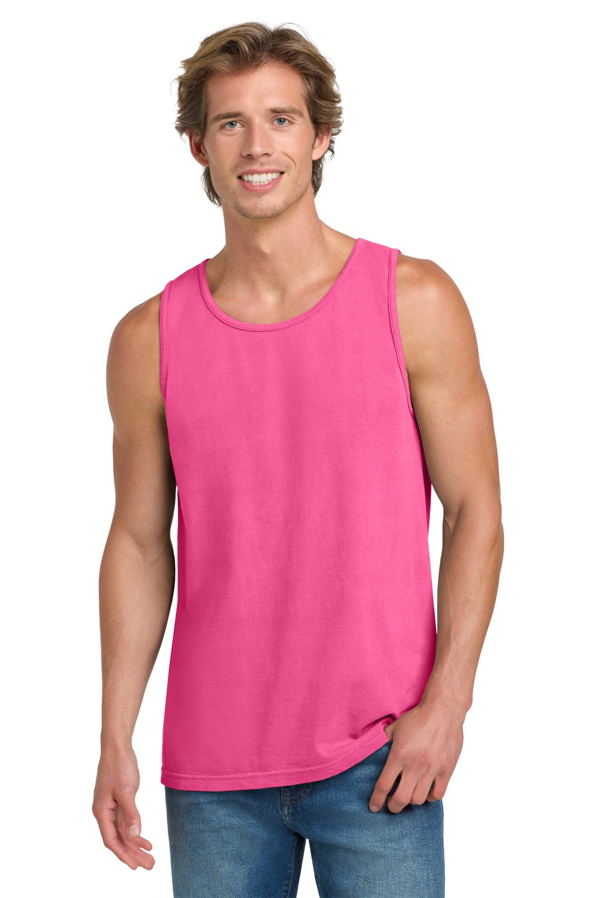 Custom Neon Pink Heavyweight Ring Spun Tank Top 9360, personalized by SanCanDo Swag in Argyle, TX