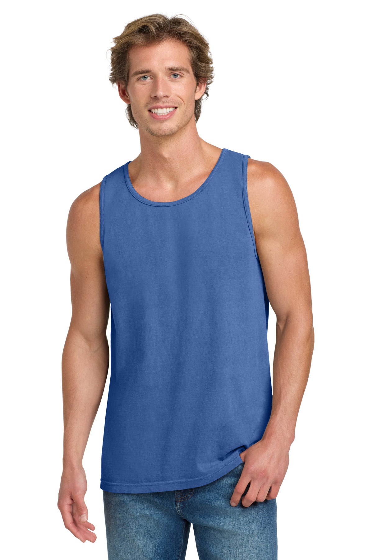 Custom Flo Blue Heavyweight Ring Spun Tank Top 9360, personalized by SanCanDo Swag in Argyle, TX