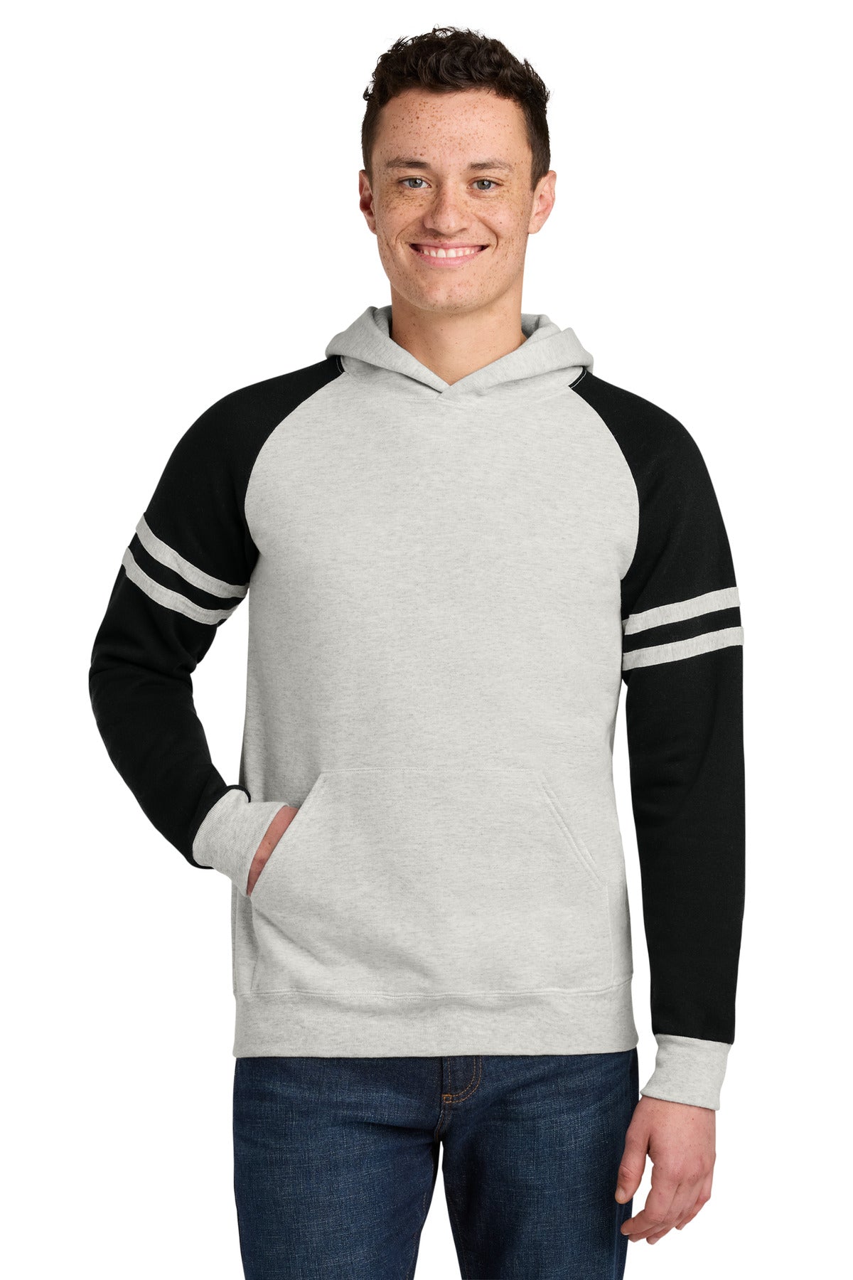 Custom Oatmeal Heather/ Black Ink Unisex NuBlend Varsity Colorblock Hoodie 97C, personalized by SanCanDo Swag in Argyle, TX