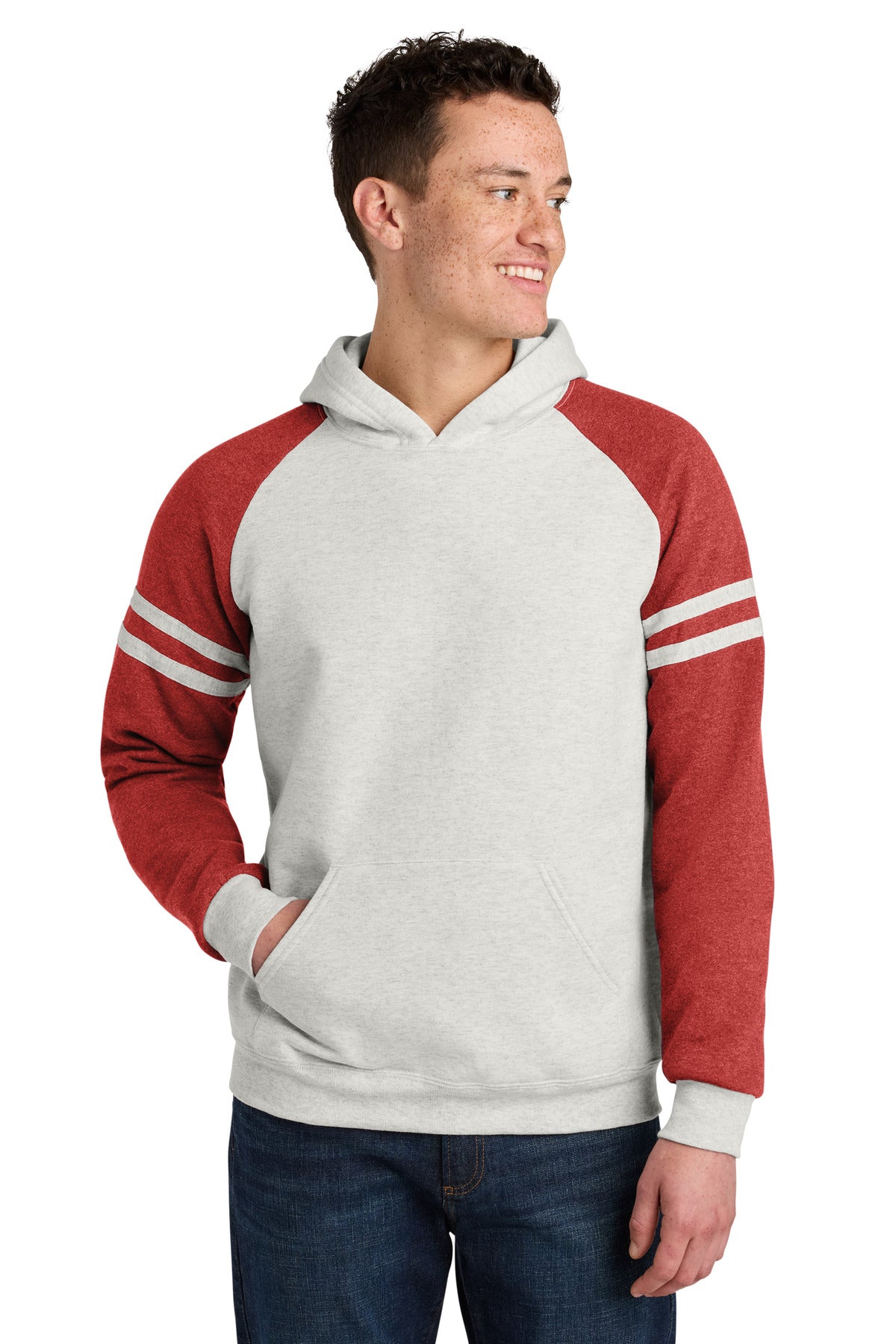 Custom Oatmeal Heather/ Fiery Red Heather Unisex NuBlend Varsity Colorblock Hoodie 97C, personalized by SanCanDo Swag in Argyle, TX