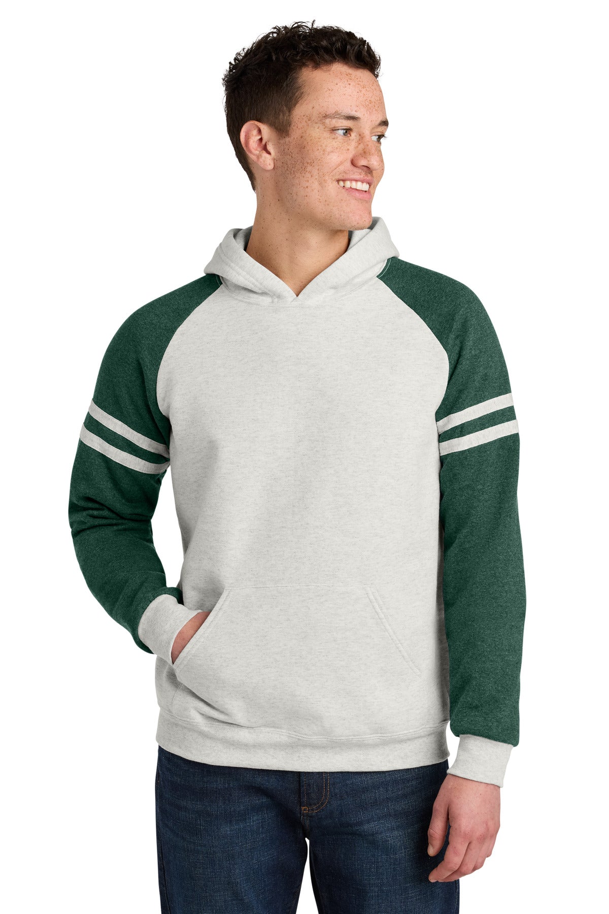Custom Oatmeal Heather/ Forest Green Heather Unisex NuBlend Varsity Colorblock Hoodie 97C, personalized by SanCanDo Swag in Argyle, TX