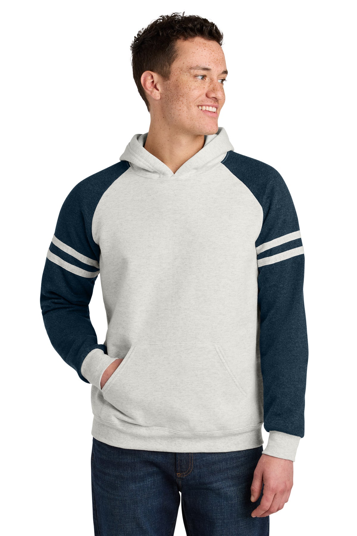 Custom Oatmeal Heather/ Indigo Heather Unisex NuBlend Varsity Colorblock Hoodie 97C, personalized by SanCanDo Swag in Argyle, TX