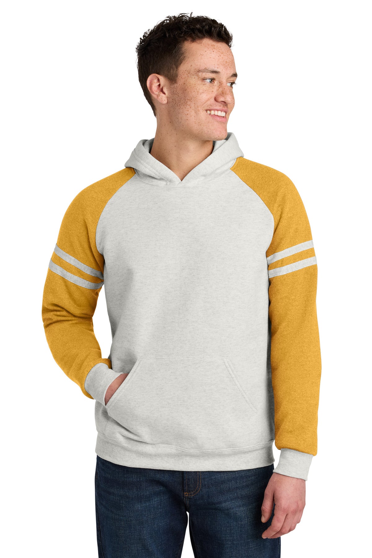 Custom Oatmeal Heather/ Mustard Heather Unisex NuBlend Varsity Colorblock Hoodie 97C, personalized by SanCanDo Swag in Argyle, TX
