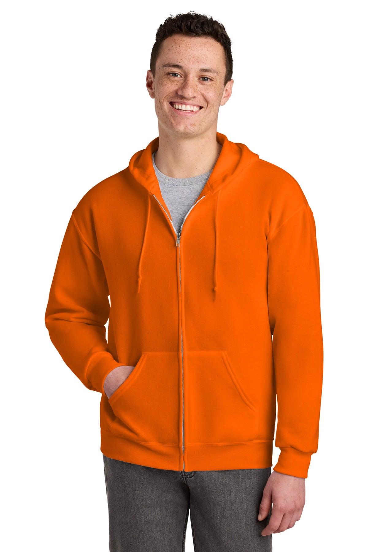 Custom Safety Orange NuBlend Full-Zip Hoodie 993M, personalized by SanCanDo Swag in Argyle, TX