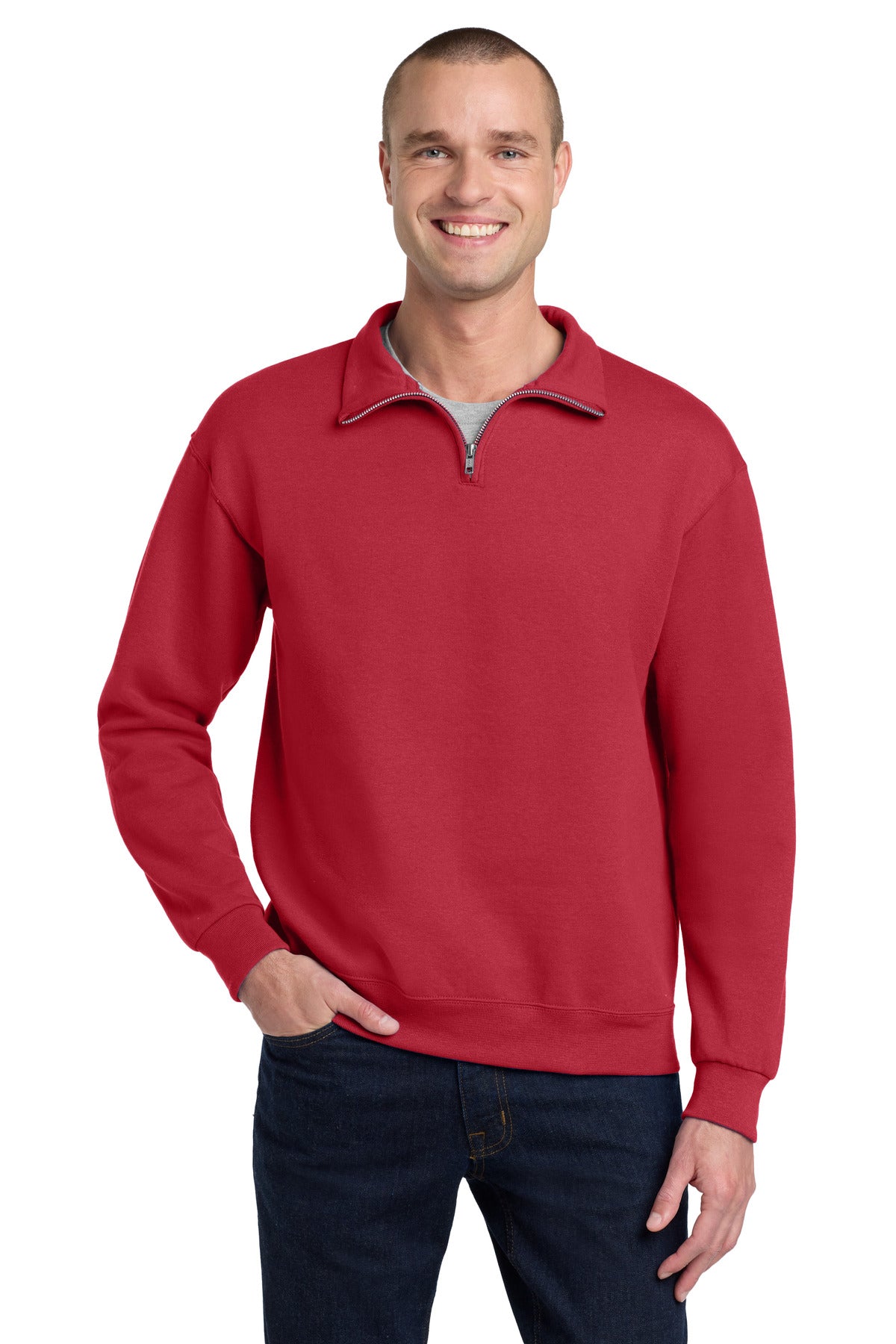 Custom True Red NuBlend 1/4-Zip Cadet Collar Sweatshirt 995M, personalized by SanCanDo Swag in Argyle, TX