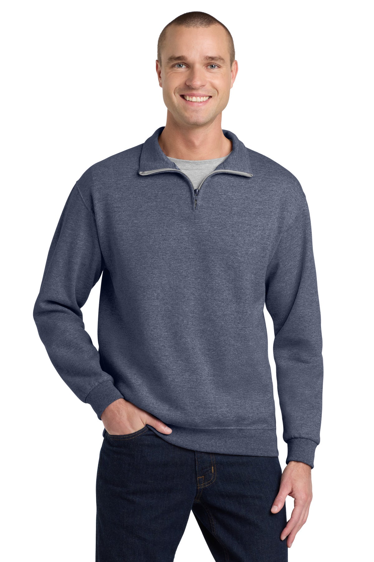 Custom Vintage Heather Navy NuBlend 1/4-Zip Cadet Collar Sweatshirt 995M, personalized by SanCanDo Swag in Argyle, TX