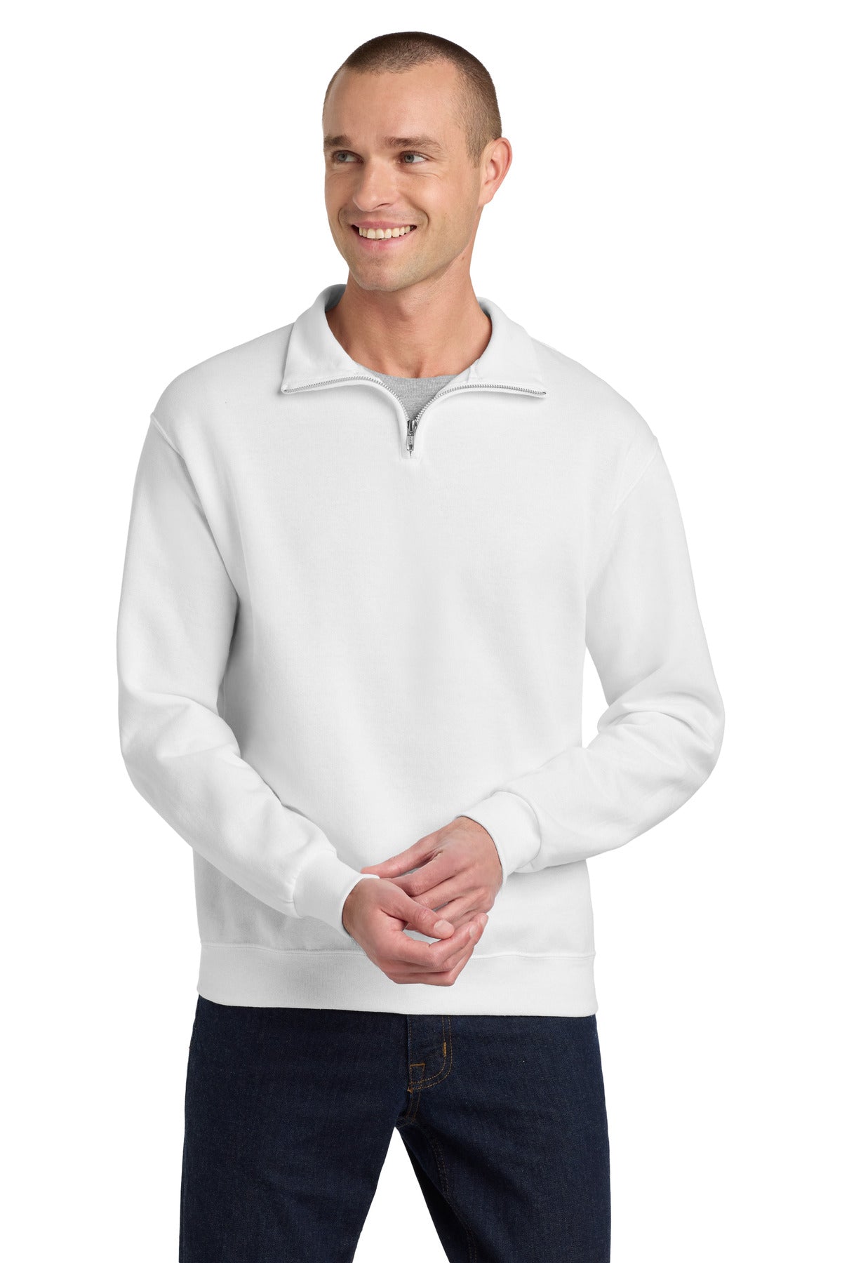 Custom White NuBlend 1/4-Zip Cadet Collar Sweatshirt 995M, personalized by SanCanDo Swag in Argyle, TX
