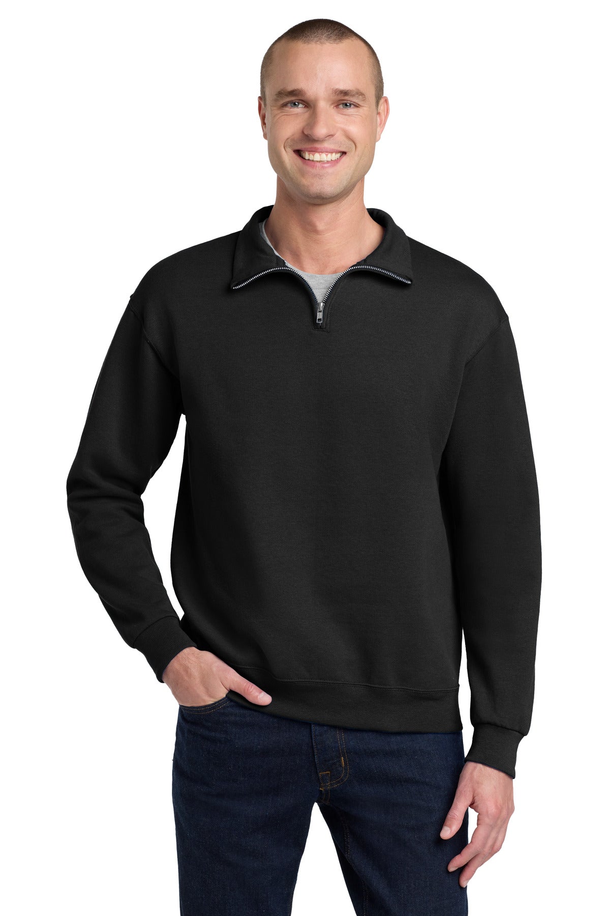 Custom Black NuBlend 1/4-Zip Cadet Collar Sweatshirt 995M, personalized by SanCanDo Swag in Argyle, TX