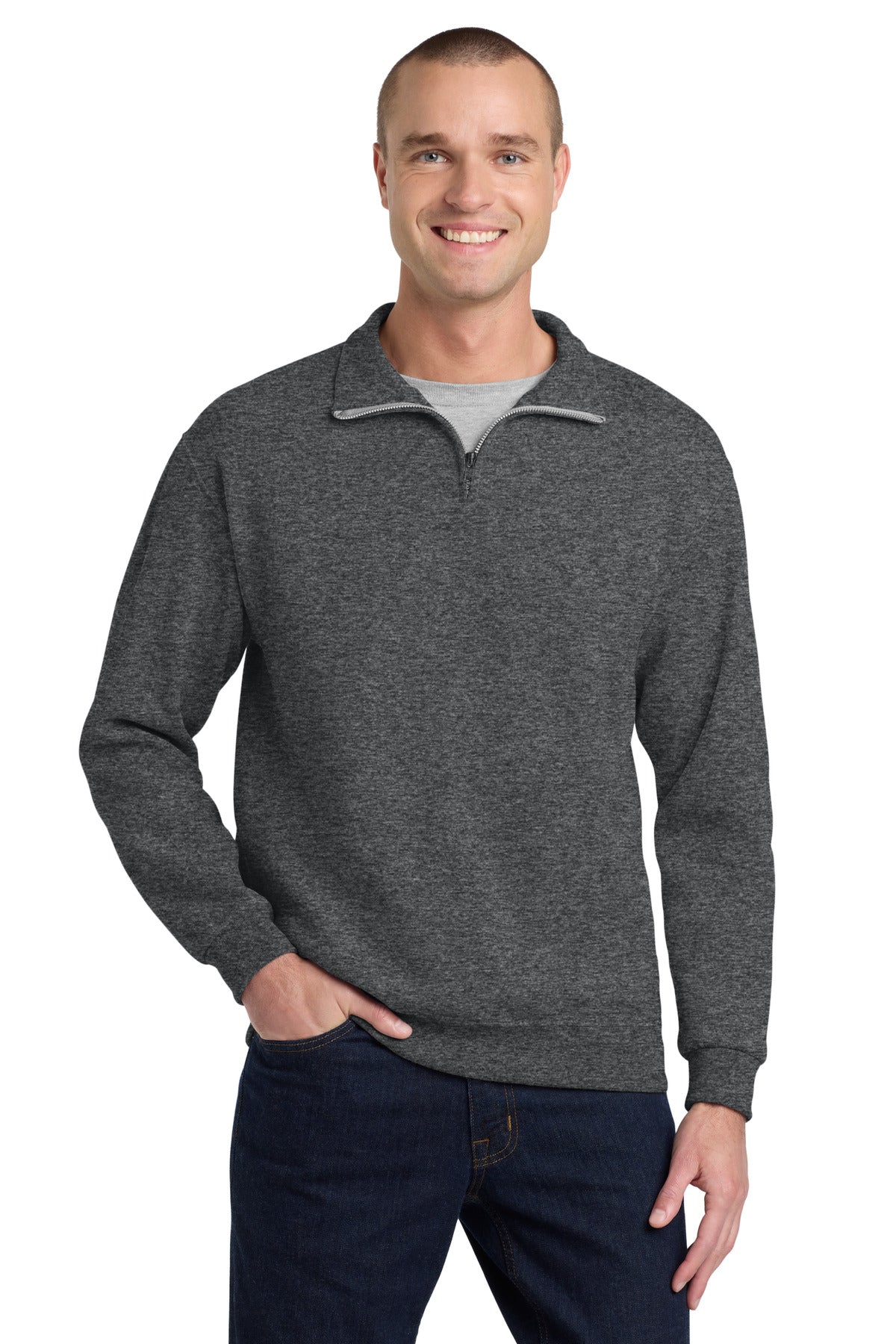 Custom Black Heather NuBlend 1/4-Zip Cadet Collar Sweatshirt 995M, personalized by SanCanDo Swag in Argyle, TX